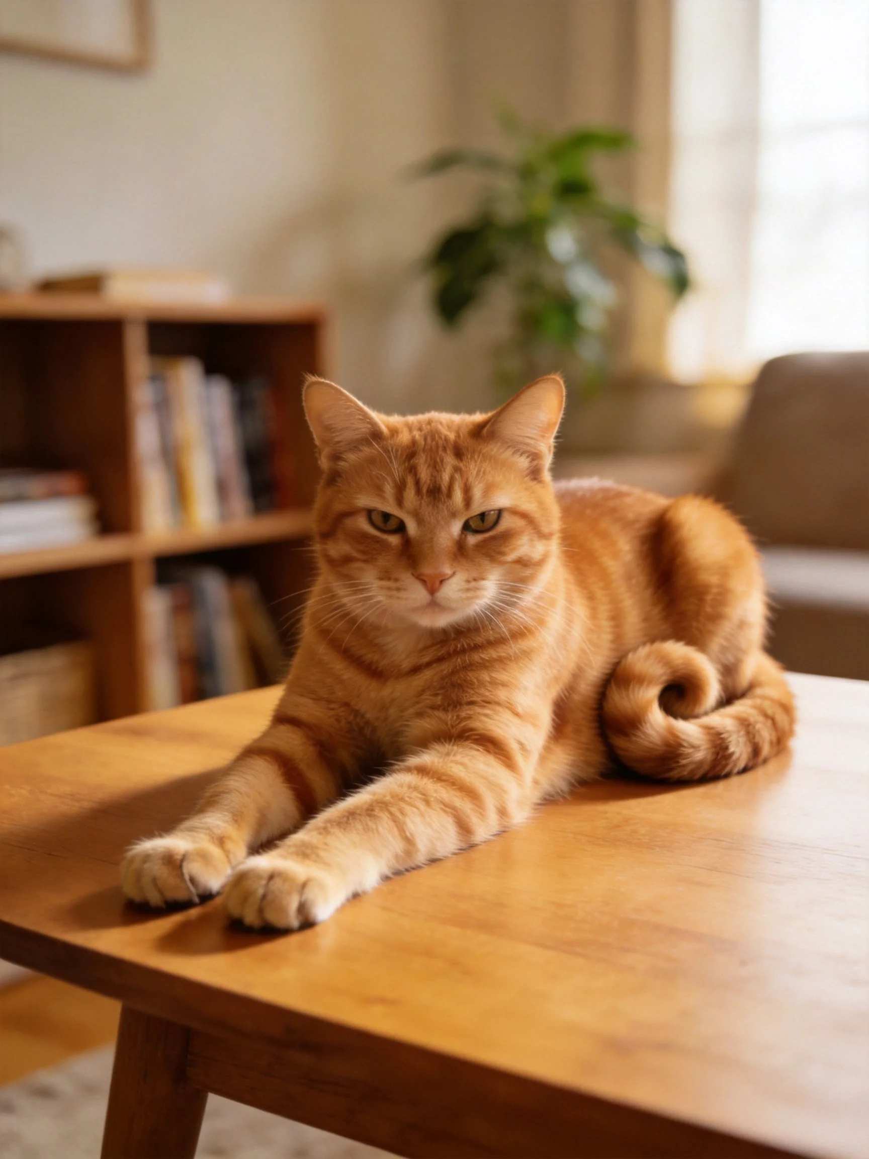 An orange tabby cat lounges on a polished wooden table