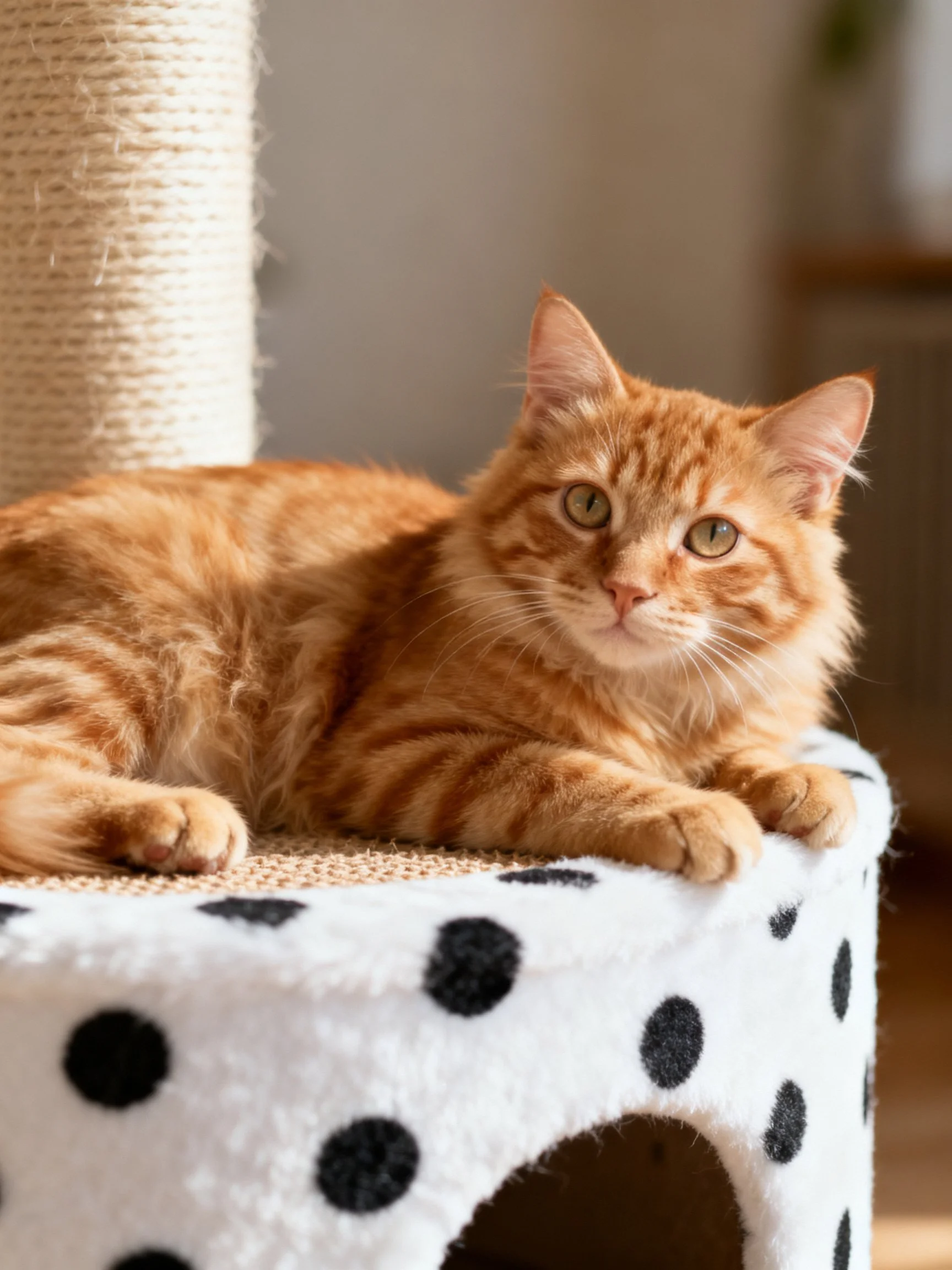 An orange tabby cat lounges on a polka-dot cat bed near a scratching post