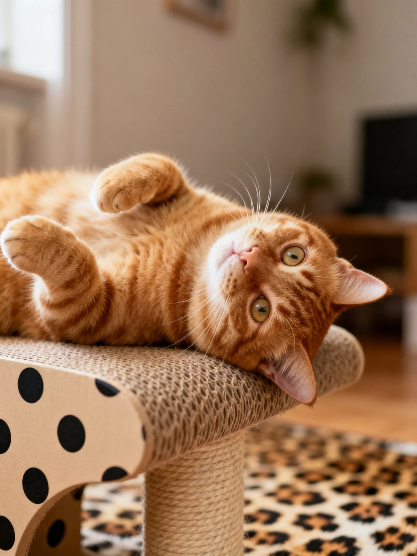 An orange tabby cat lounges on a polka-dotted scratching post indoors