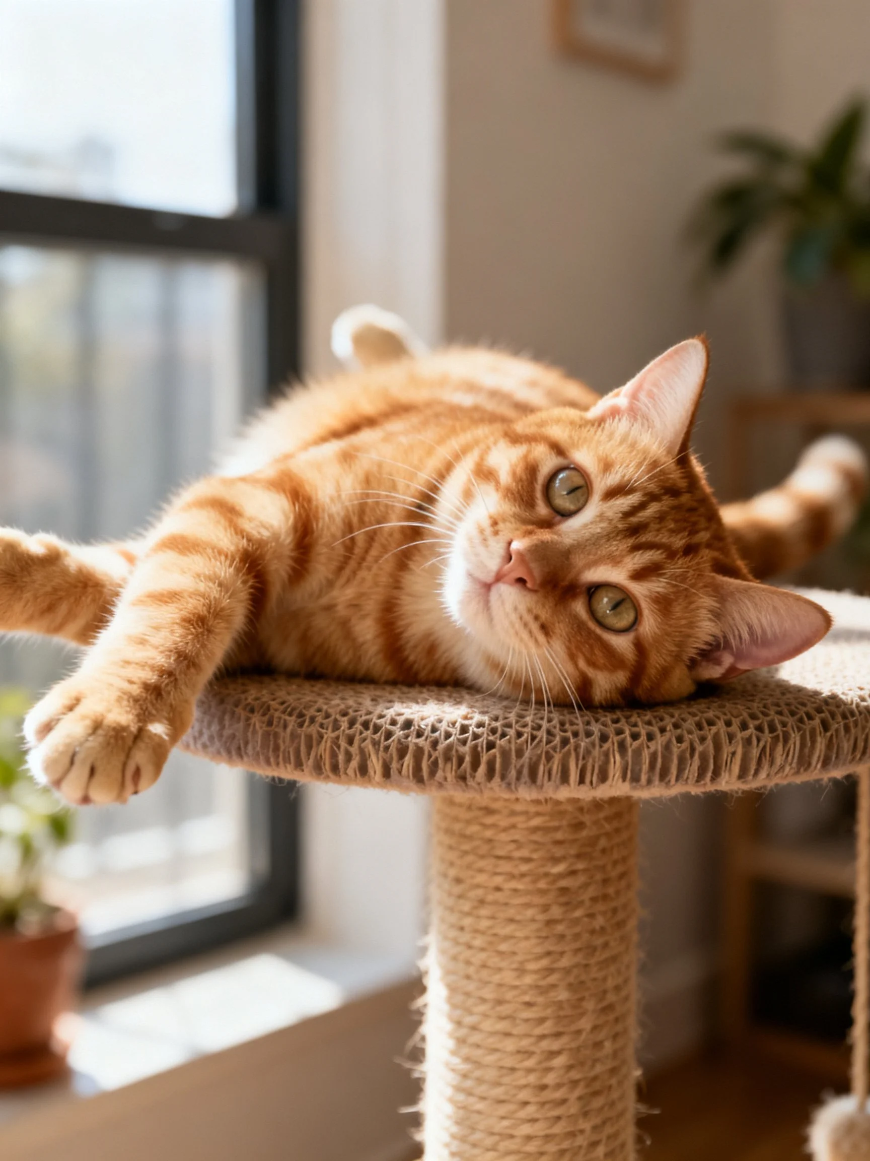 An orange tabby cat lounges on a scratching post near a sunlit window