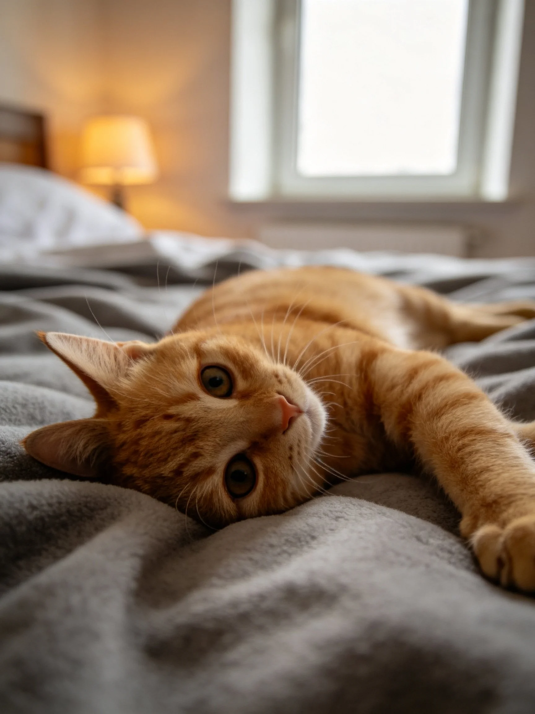 An orange tabby cat relaxes on a gray bedspread in a warmly lit bedroom.