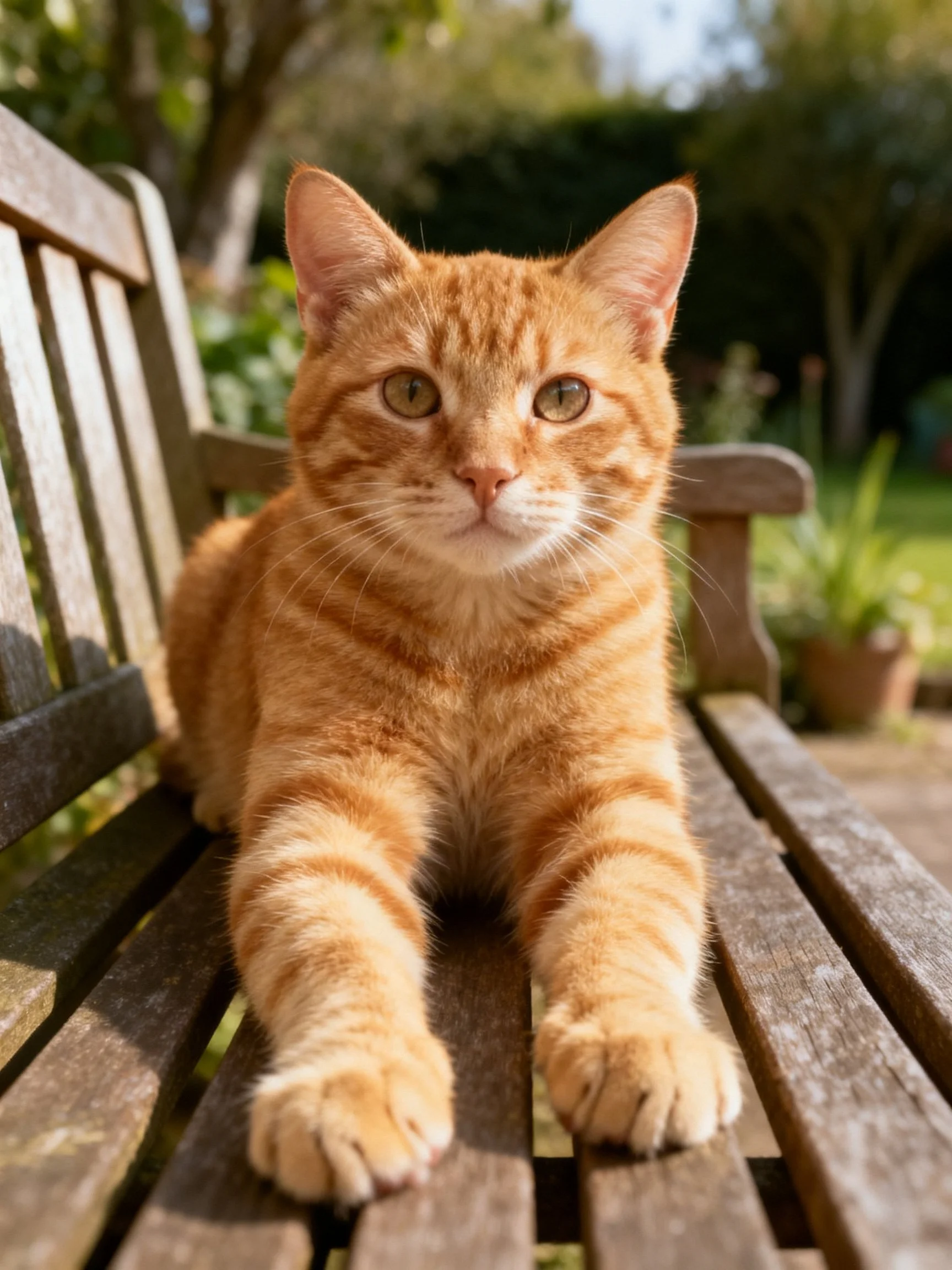 An orange tabby cat relaxes on a wooden bench in a sunny garden.
