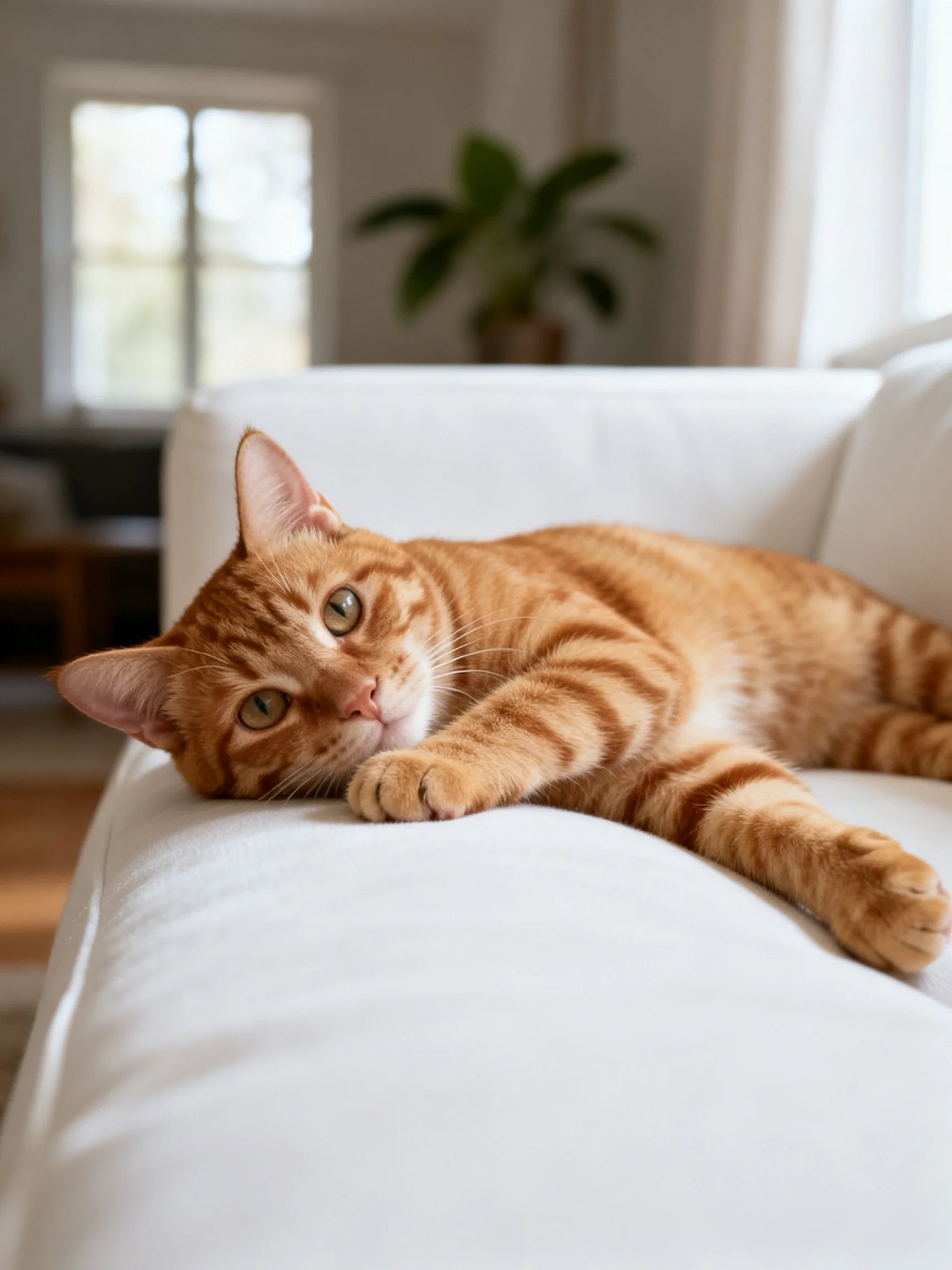An orange tabby cat relaxes on a white sofa in a sunlit interior.