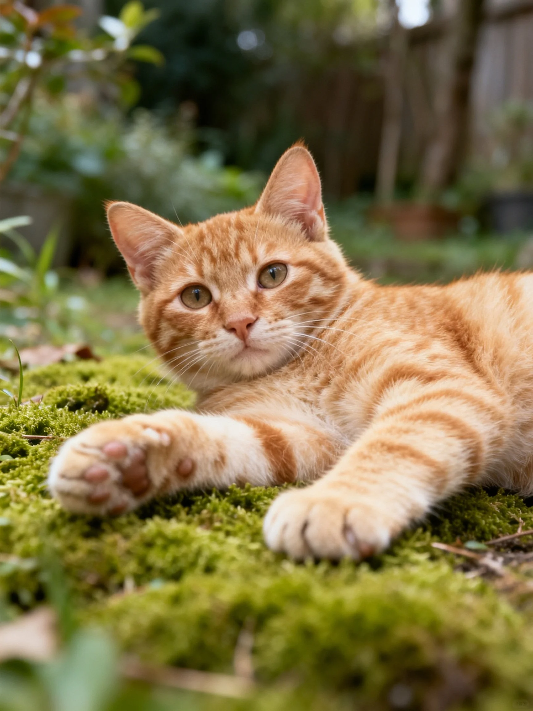 An orange tabby cat relaxes on mossy ground in a garden setting