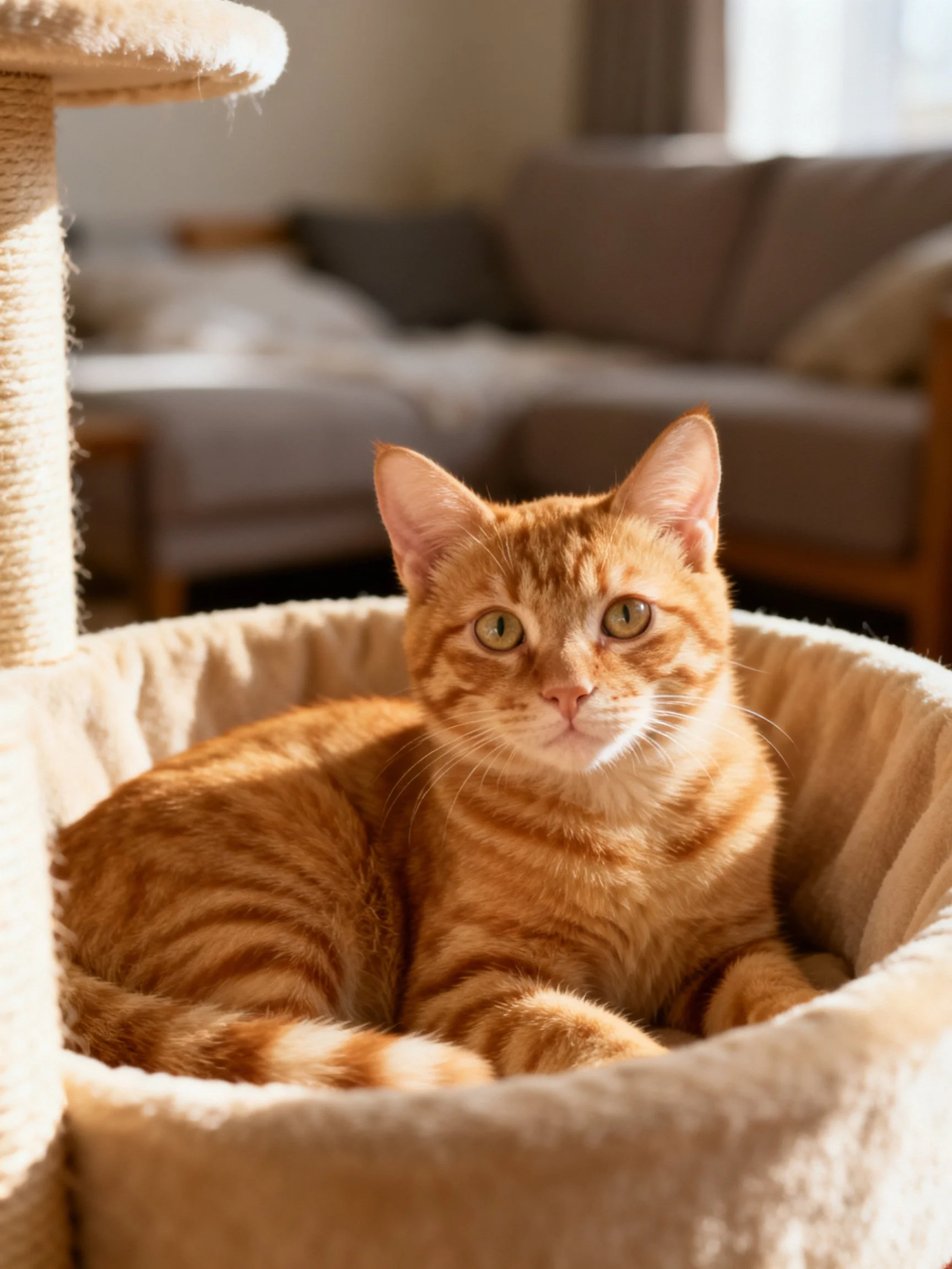 An orange tabby cat lounging in a soft pet bed near a scratching post