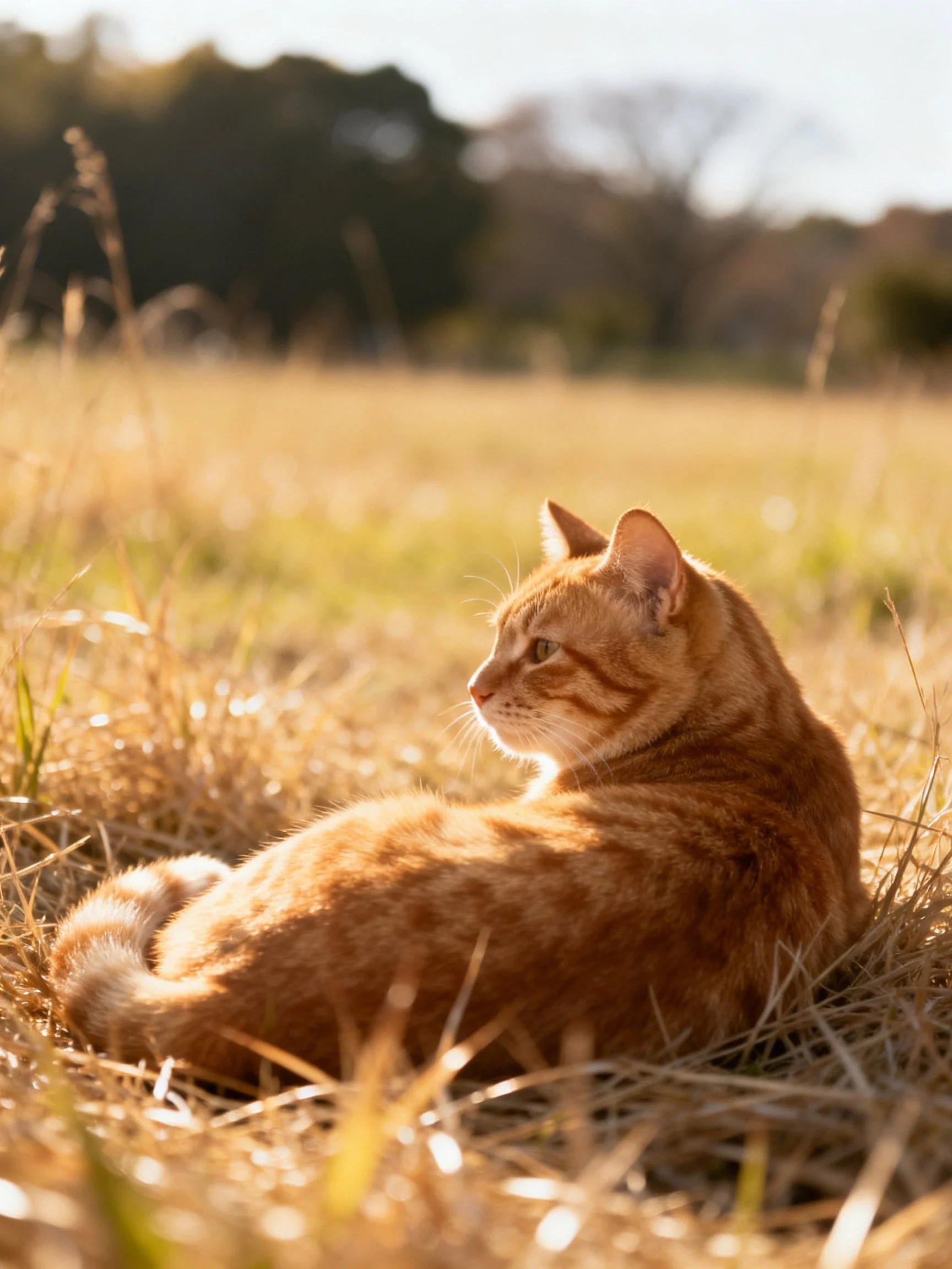 An orange tabby cat lounging in sun-drenched tall grass