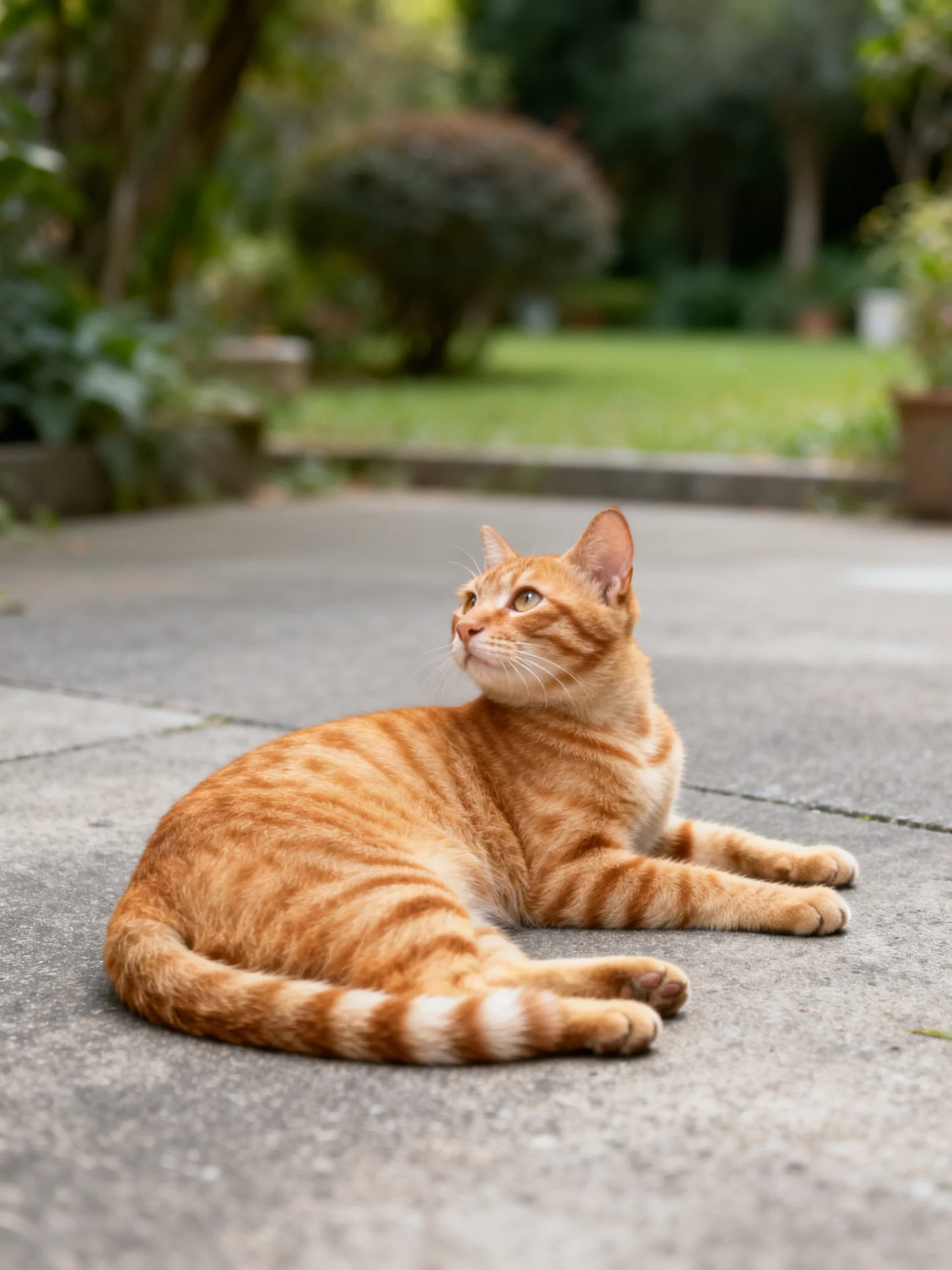 An orange tabby cat lounging on a concrete patio
