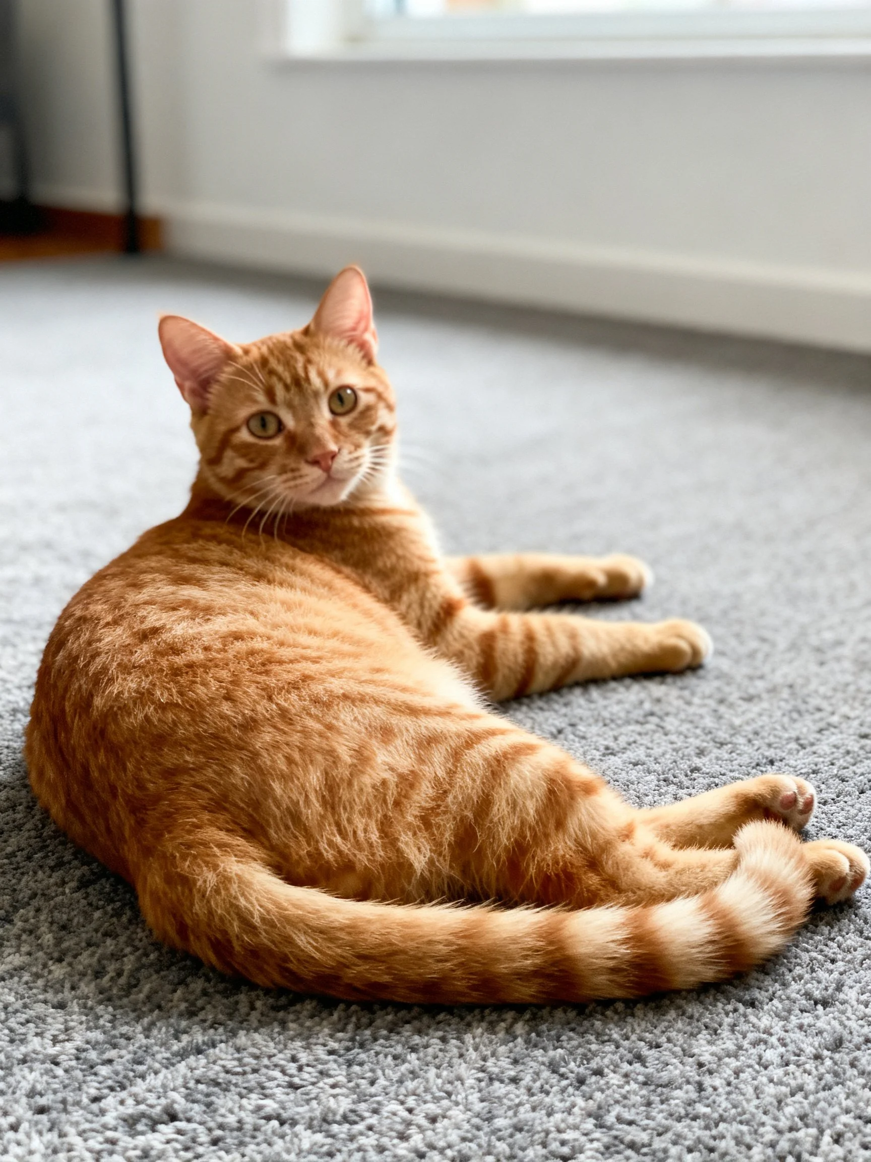 An orange tabby cat lounging on a gray carpet