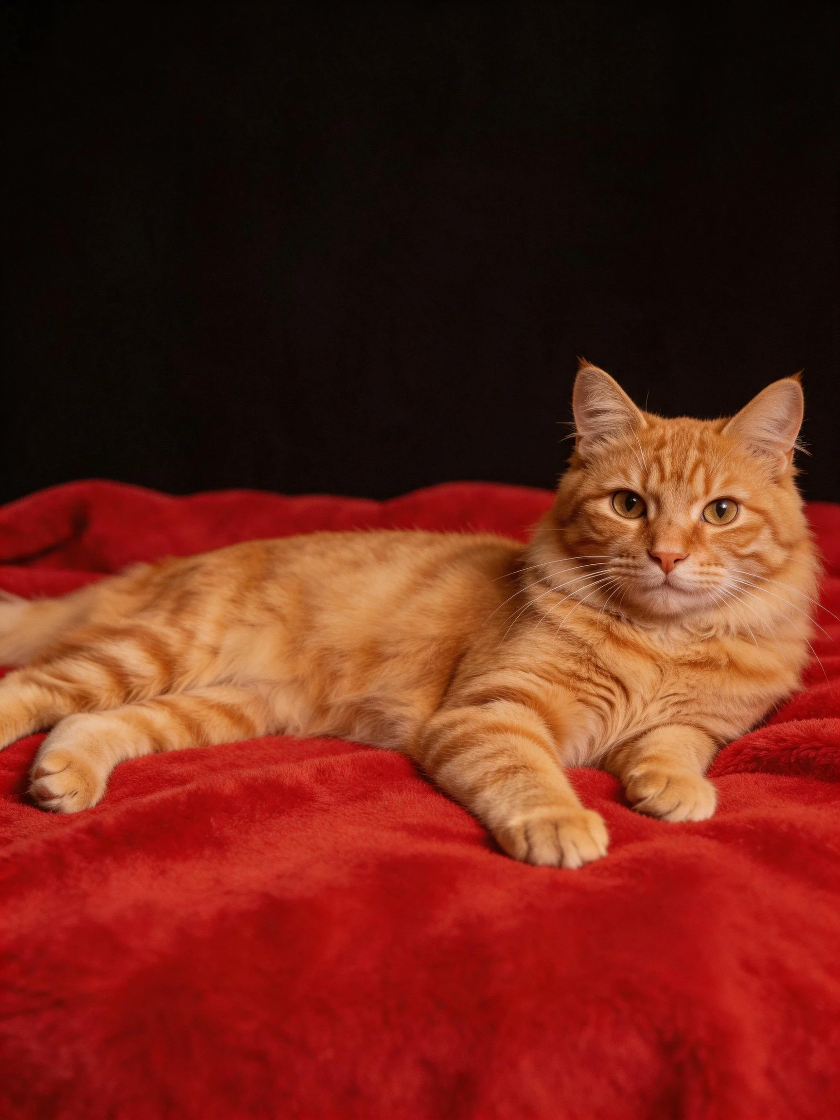 An orange tabby cat lounging on a plush red blanket with a black backdrop