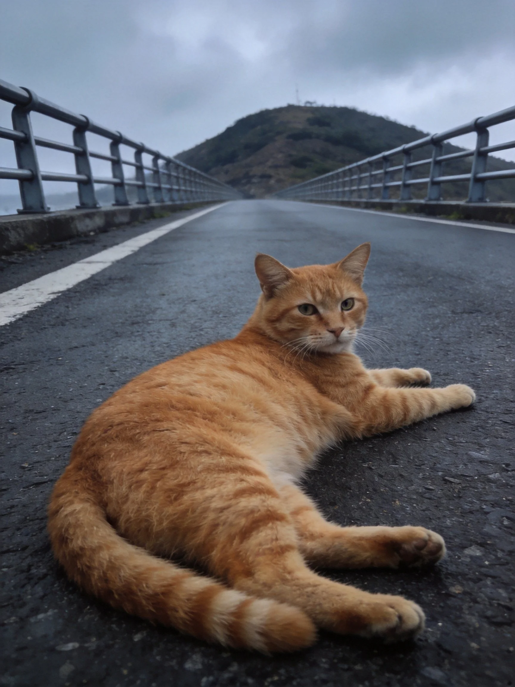 An orange tabby cat lounging on a wet bridge roadway