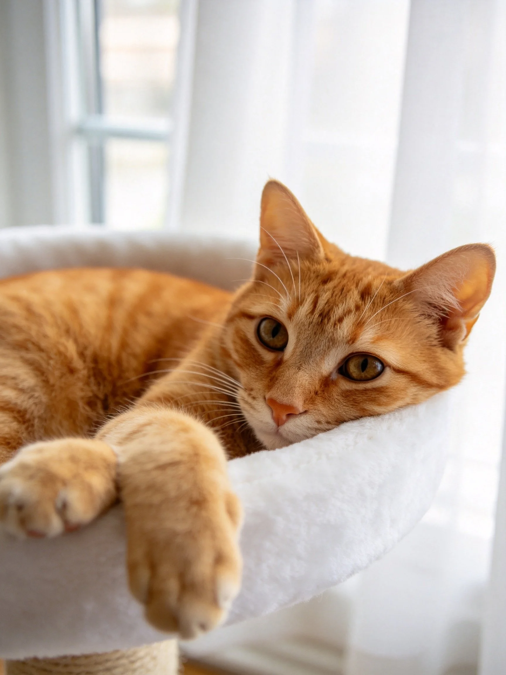 An orange tabby cat lounging on a white pet bed near a sunlit window.