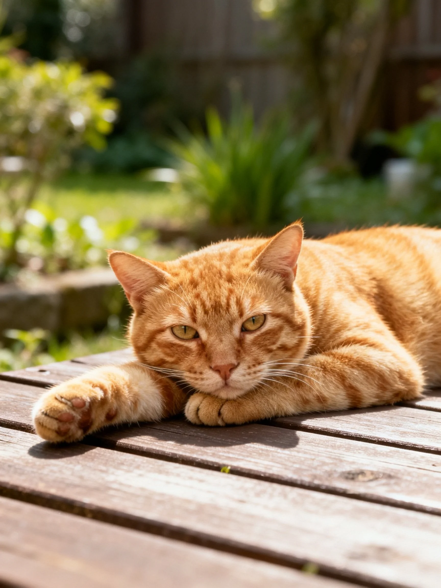 An orange tabby cat lounging on a wooden deck in a sunlit garden