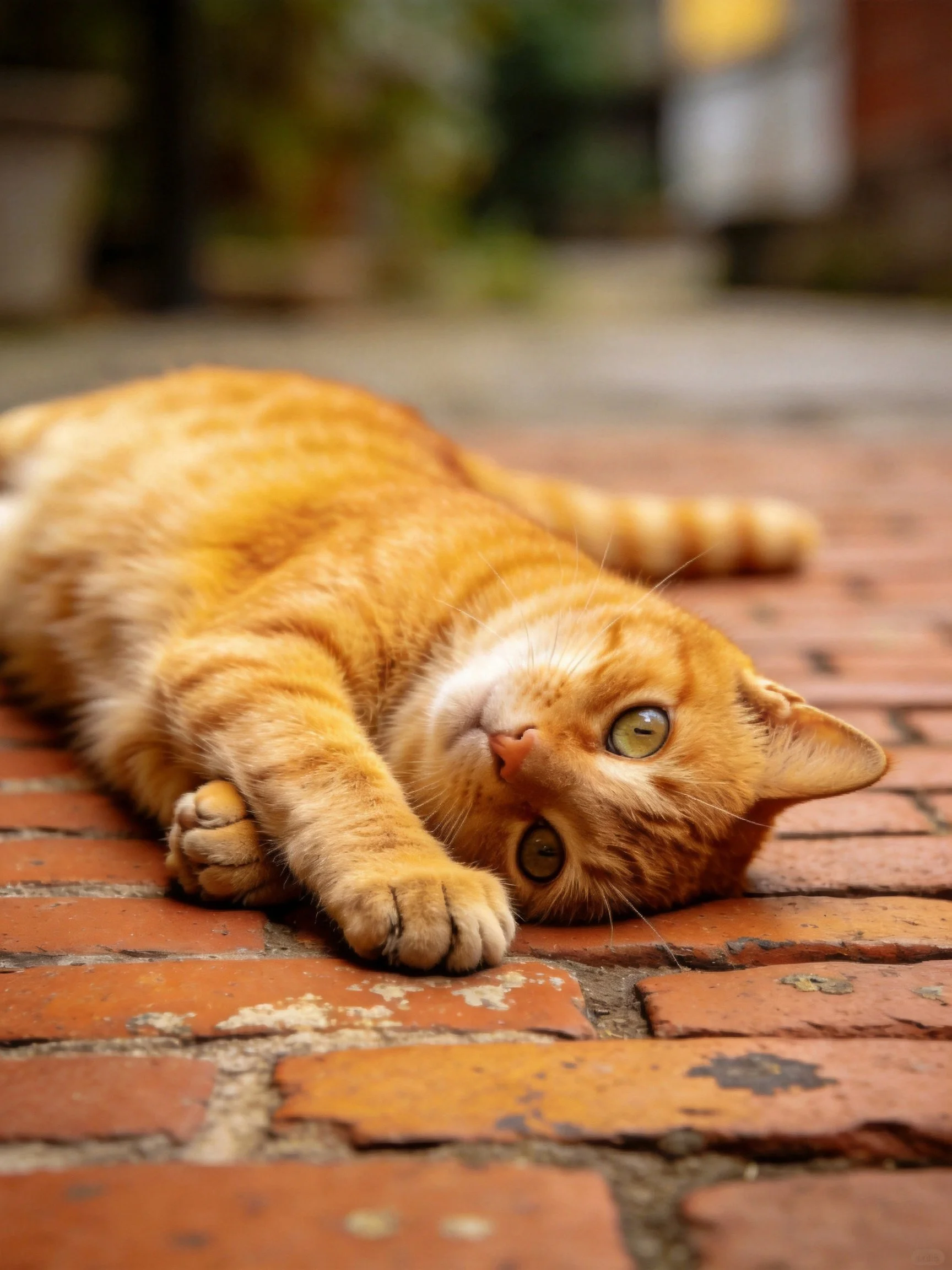 An orange tabby cat lounging on weathered brick pavement