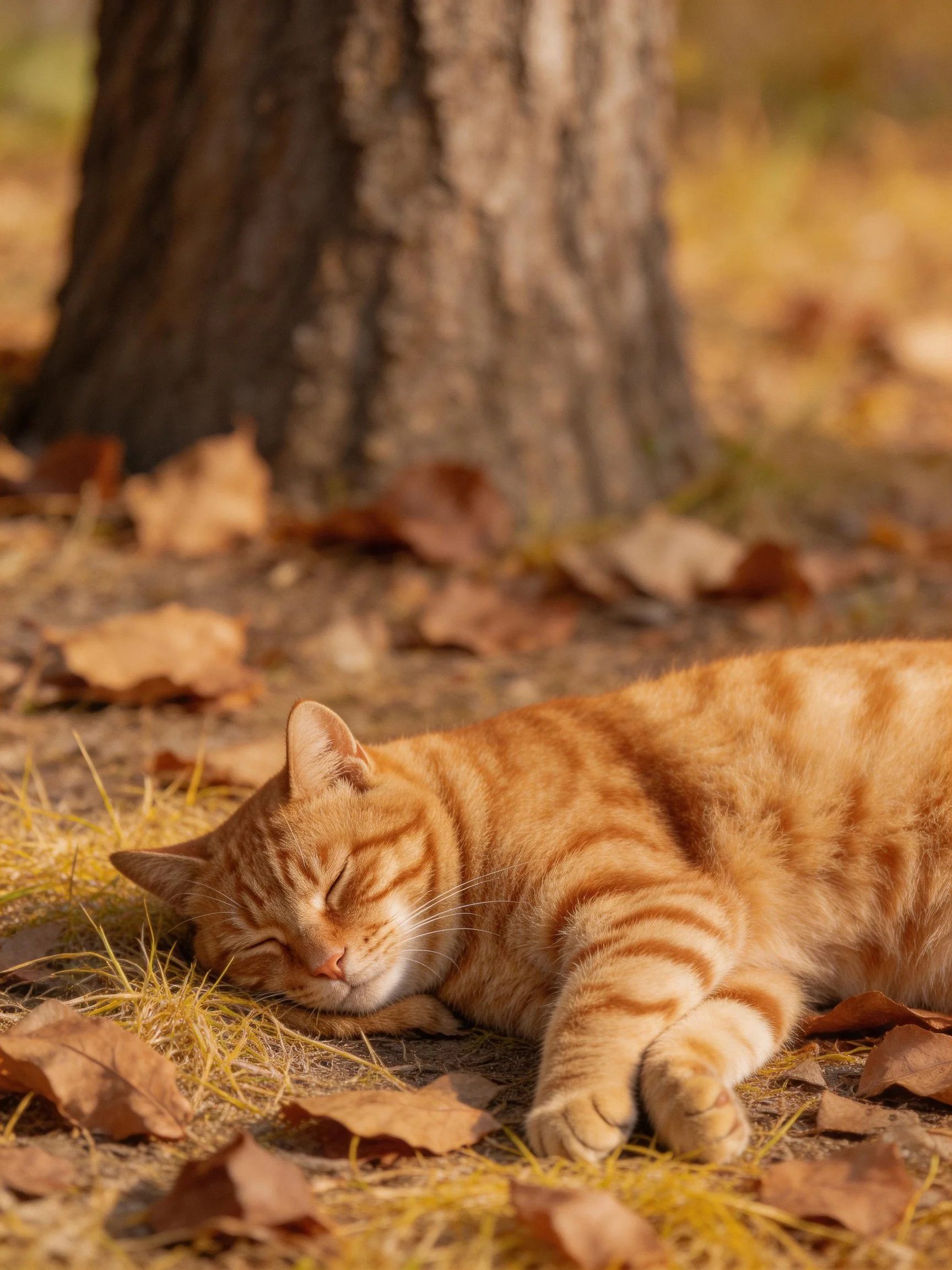An orange tabby cat napping among fallen autumn leaves by a tree