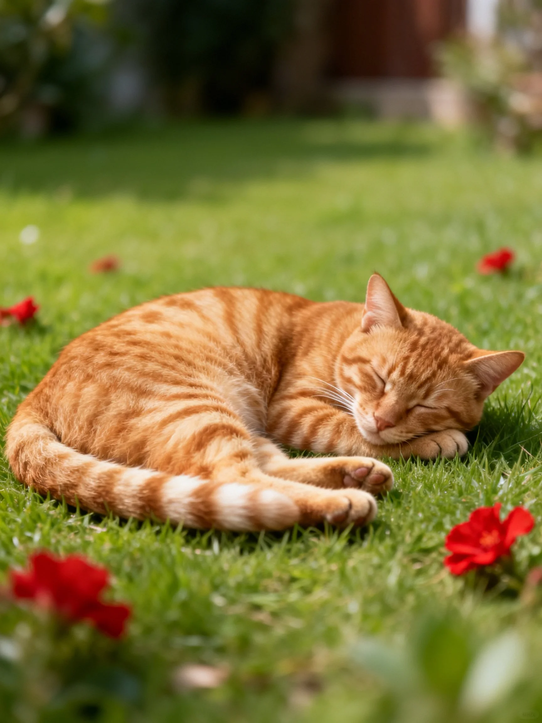 An orange tabby cat napping among green grass and red flowers