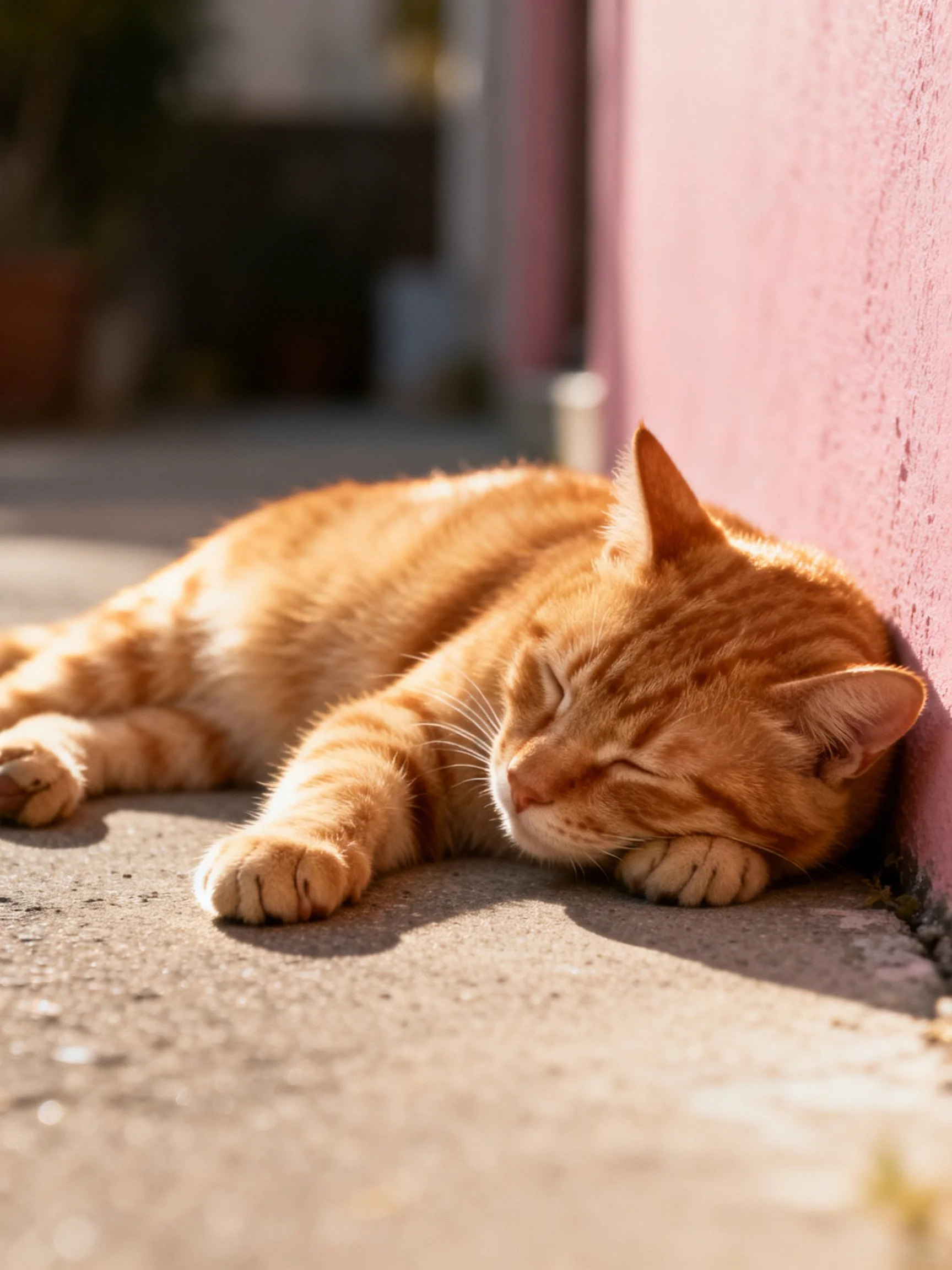 An orange tabby cat napping by a pink wall