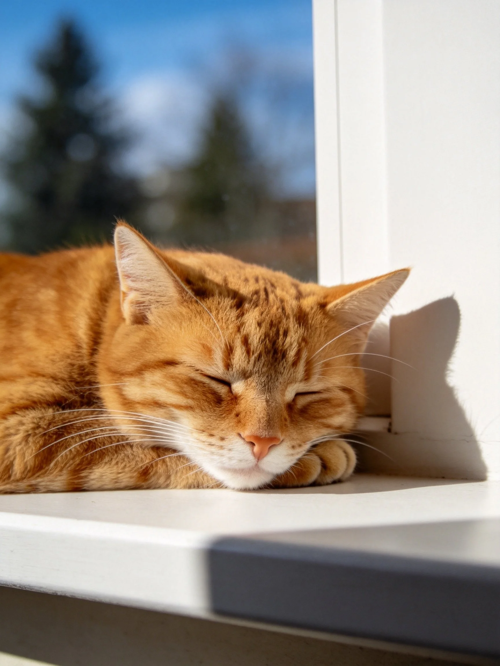 An orange tabby cat napping on a bright windowsill