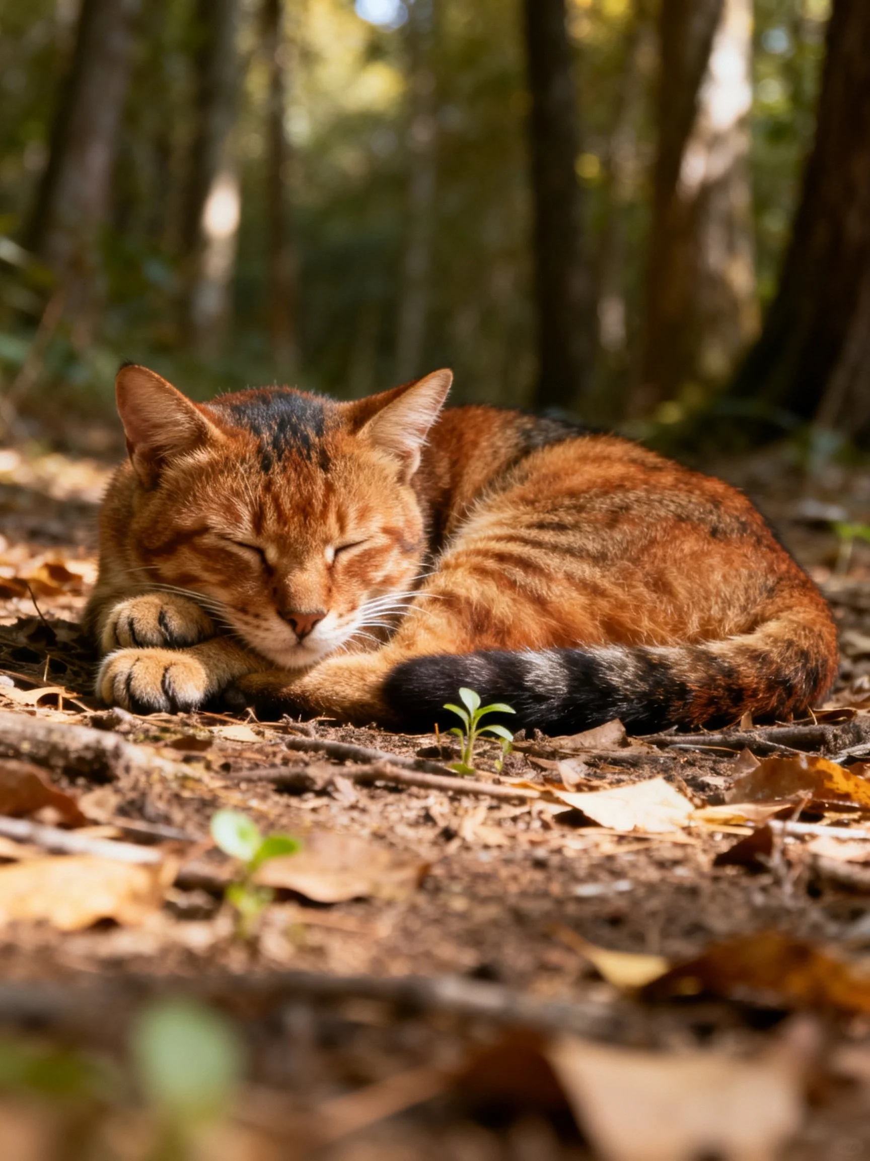 An orange tabby cat napping on a leaf-covered forest floor