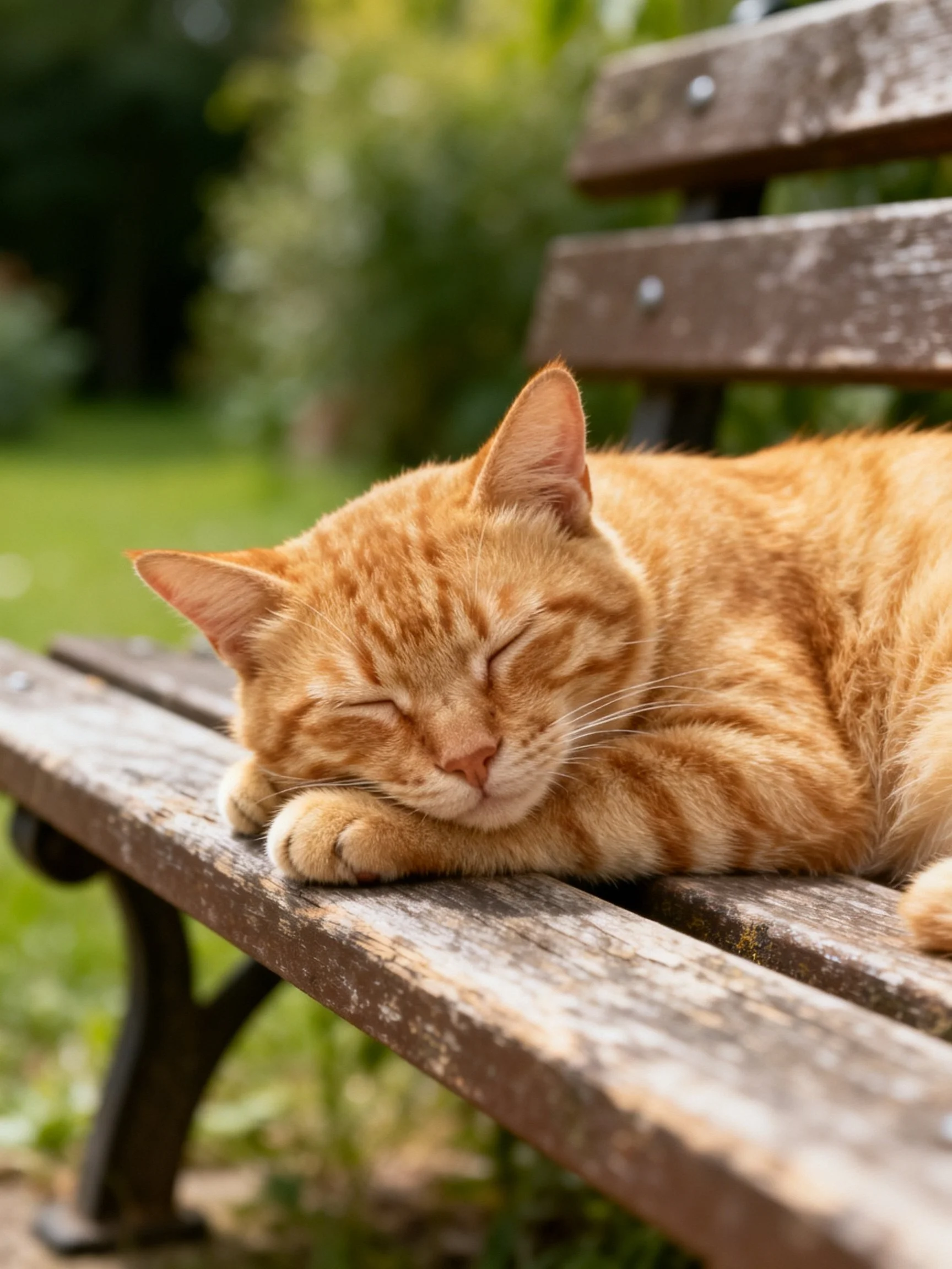 An orange tabby cat napping on a weathered wooden park bench