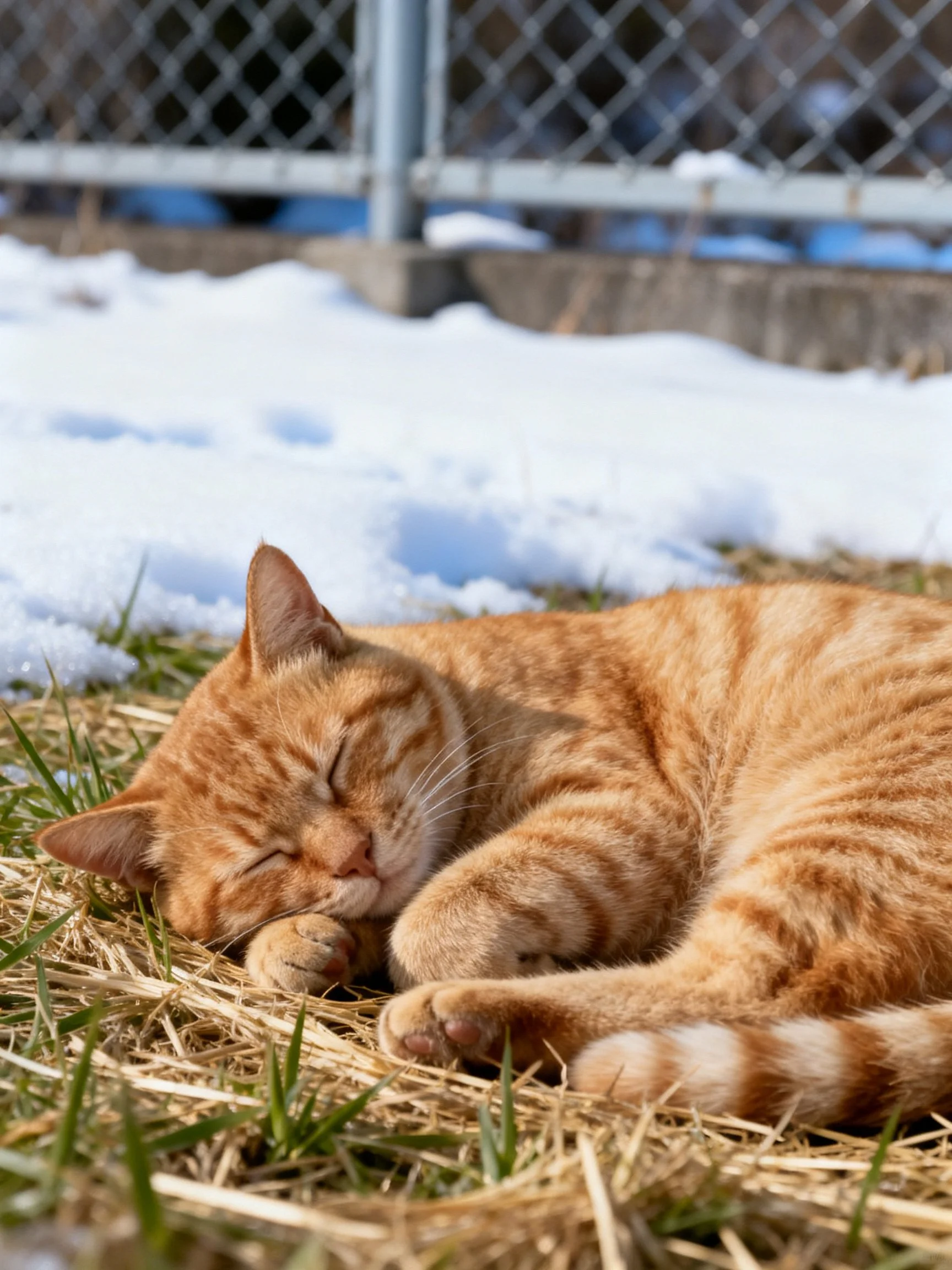 An orange tabby cat napping on hay near melting snow