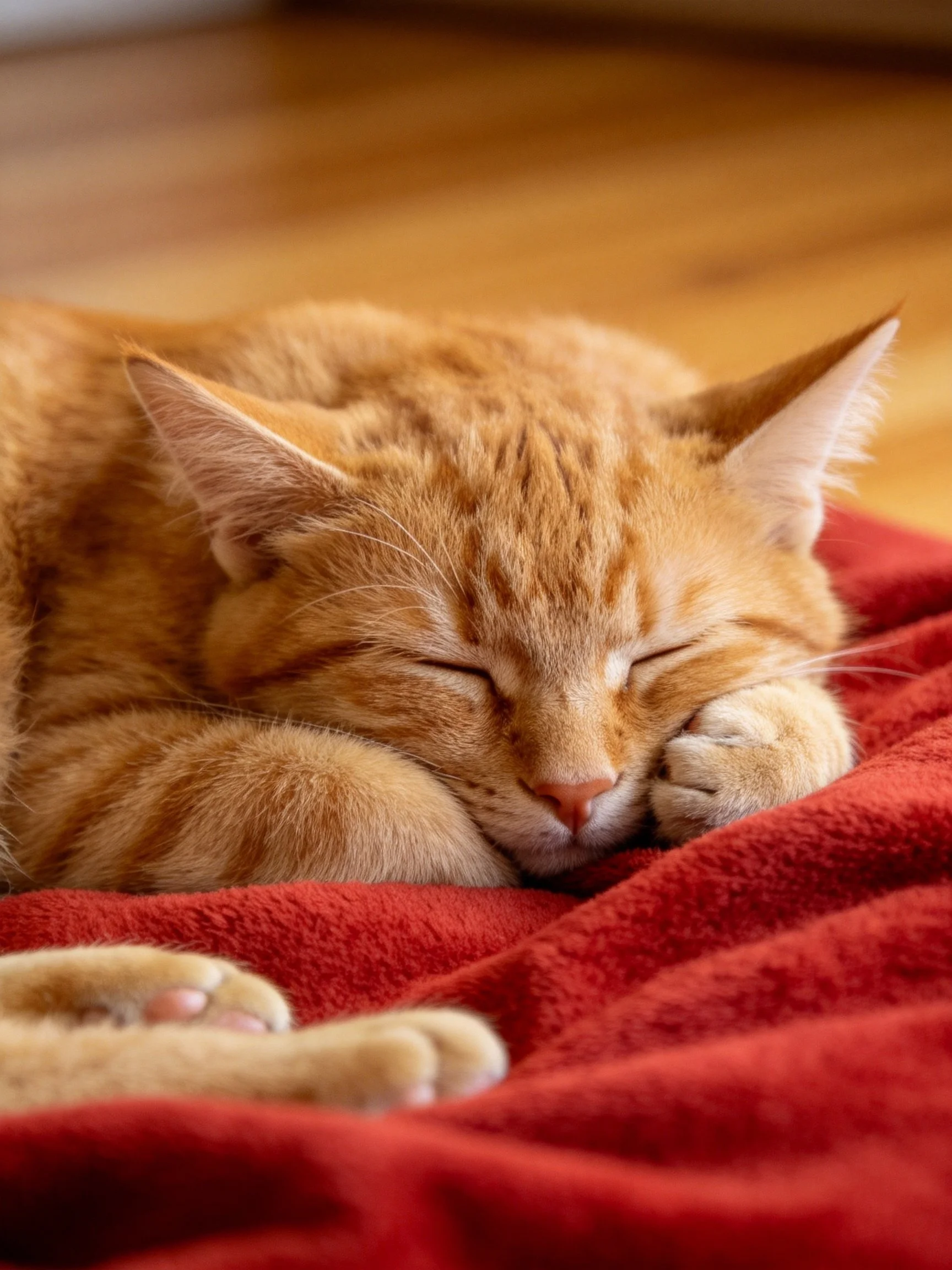 An orange tabby cat sleeps comfortably on a red blanket.
