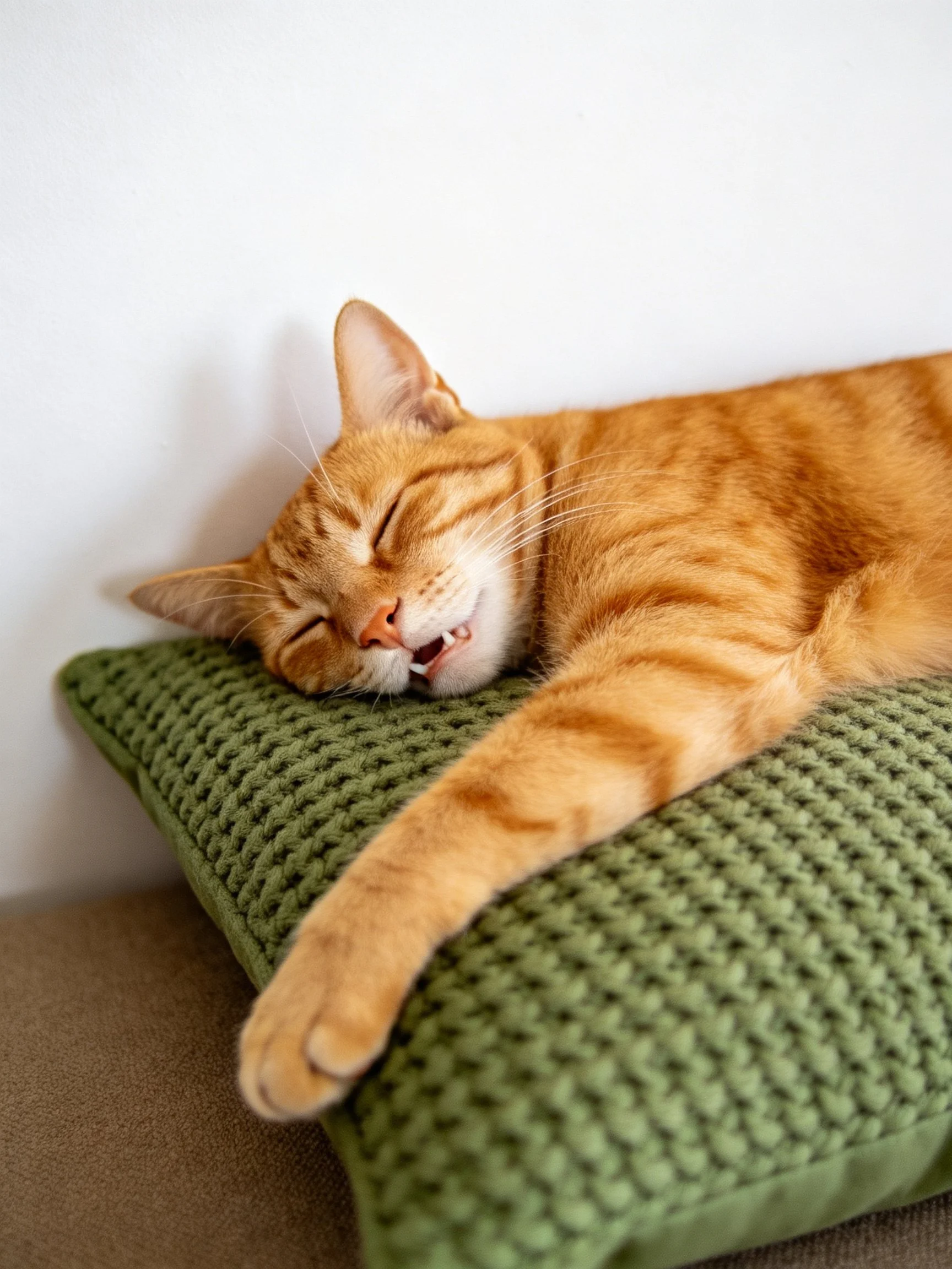 An orange tabby cat naps on a textured green pillow