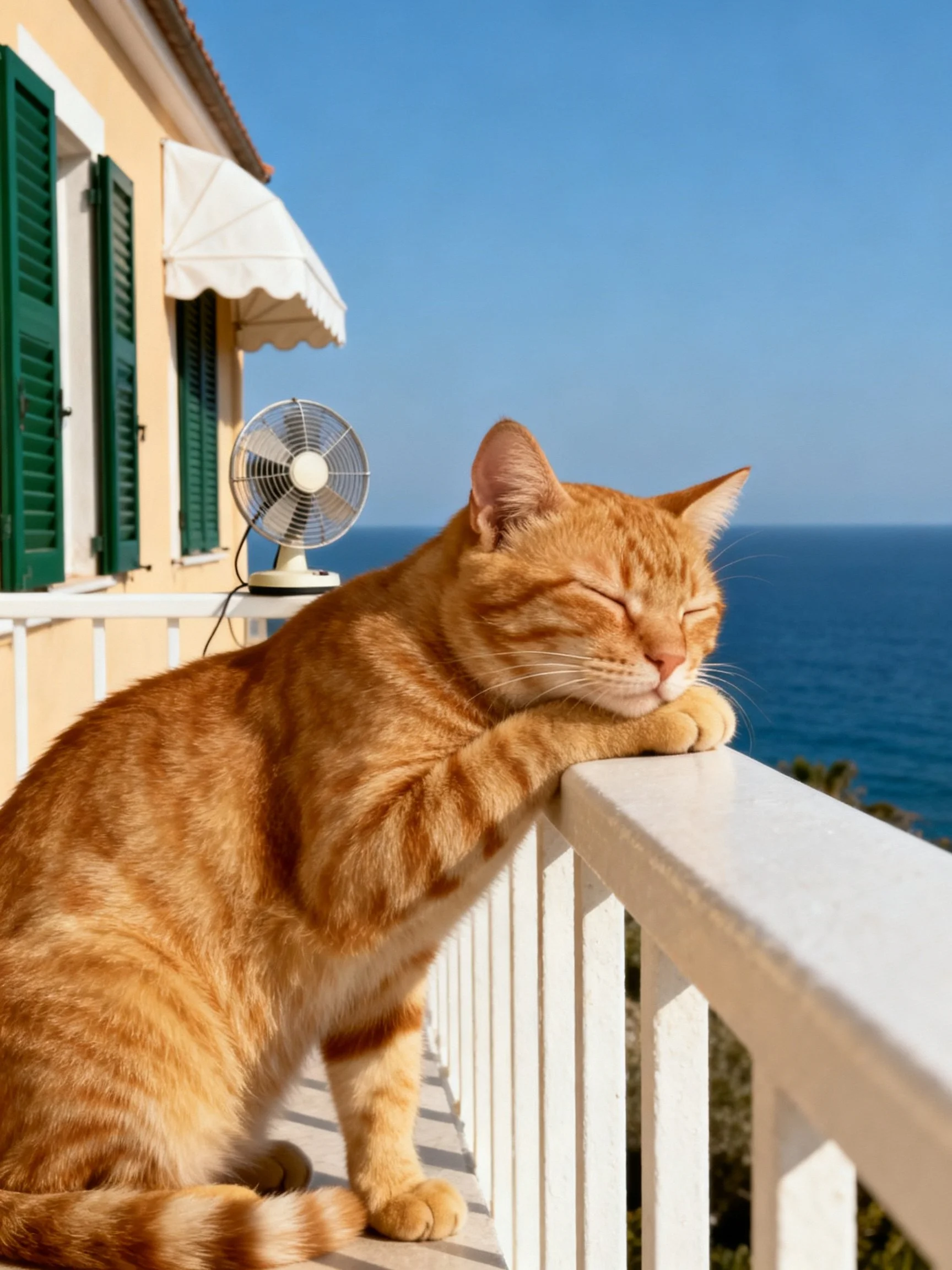 An orange tabby cat relaxes on a balcony railing by the sea.