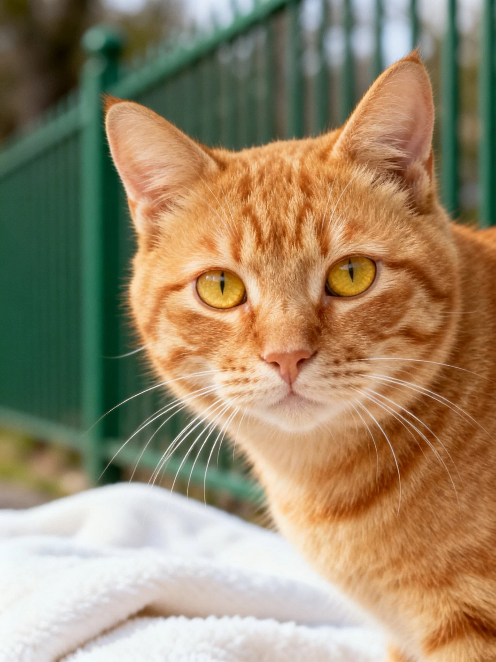 A close-up of an orange tabby cat near a green fence with a white towel outdoors.
