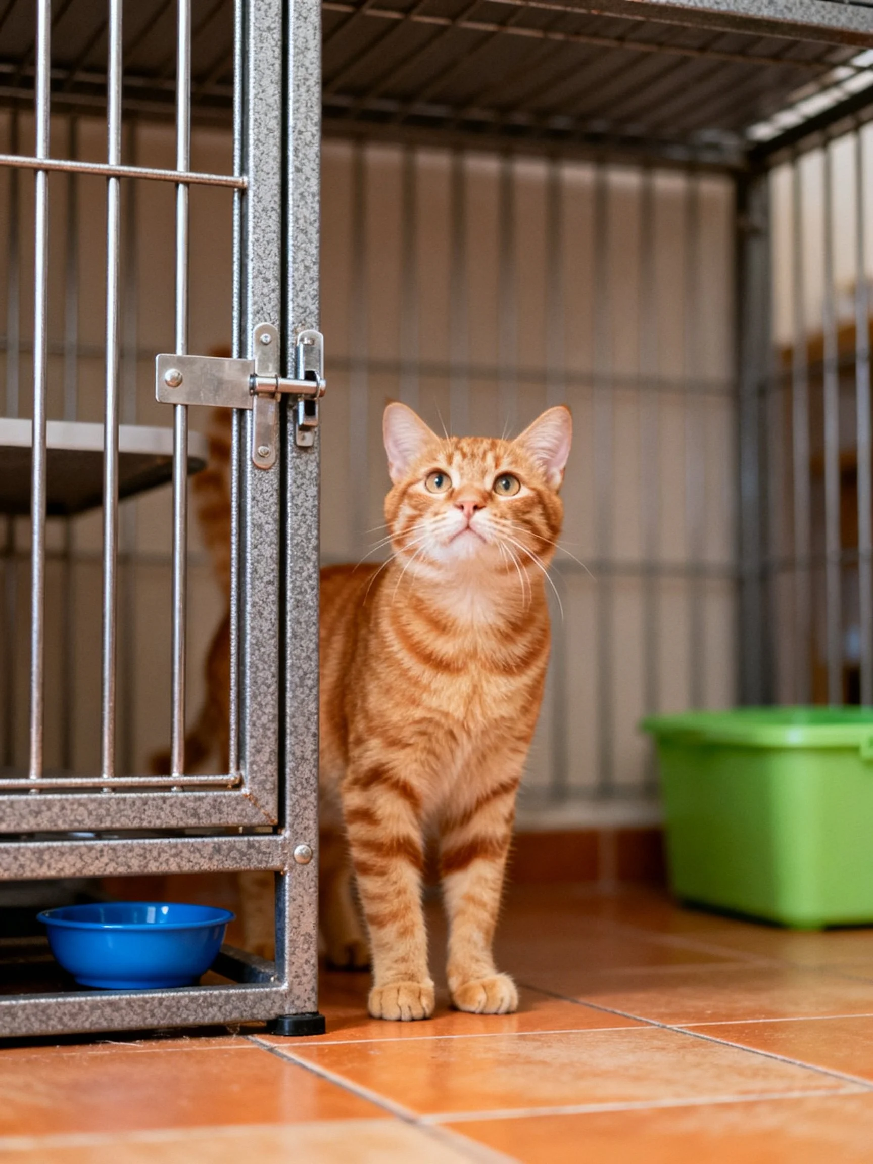 An orange tabby cat near a metal cage with blue and green items