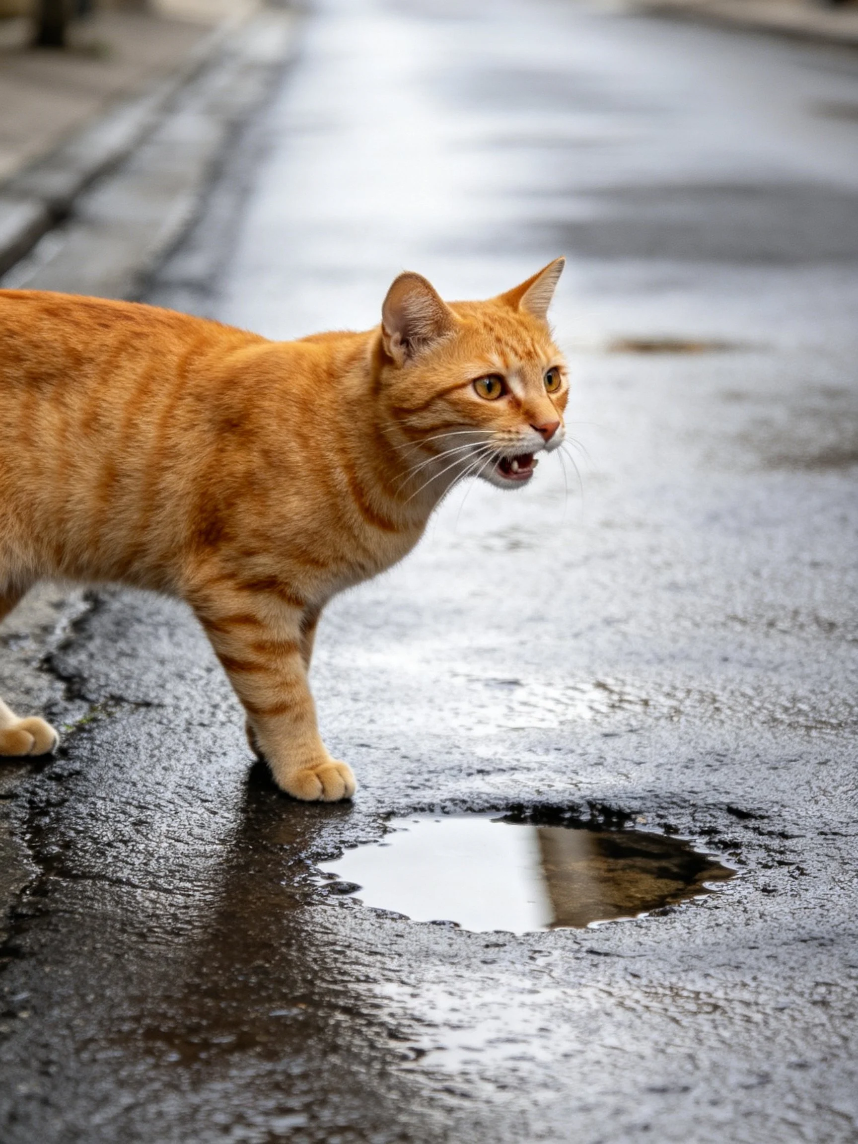 An orange tabby cat near a puddle on a wet street