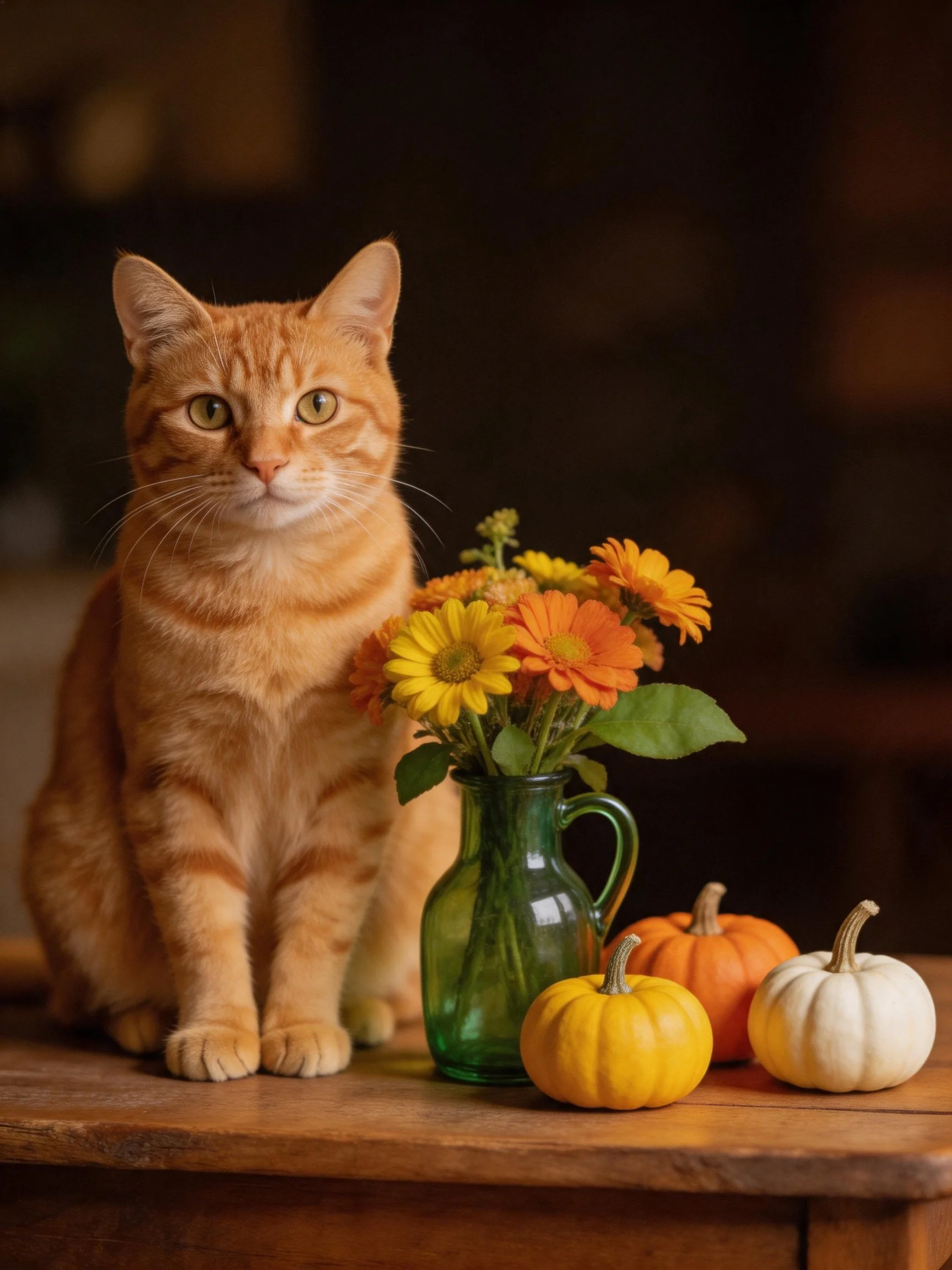 An orange tabby cat near a vase of colorful flowers and small pumpkins