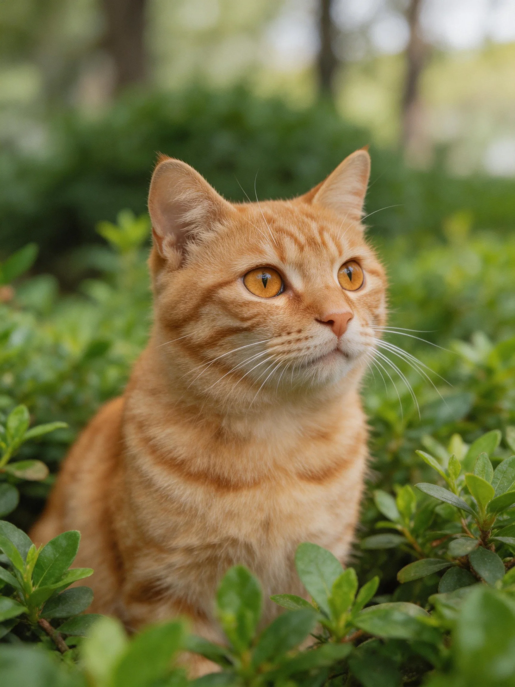 An orange tabby cat sits amid greenery in a natural setting.