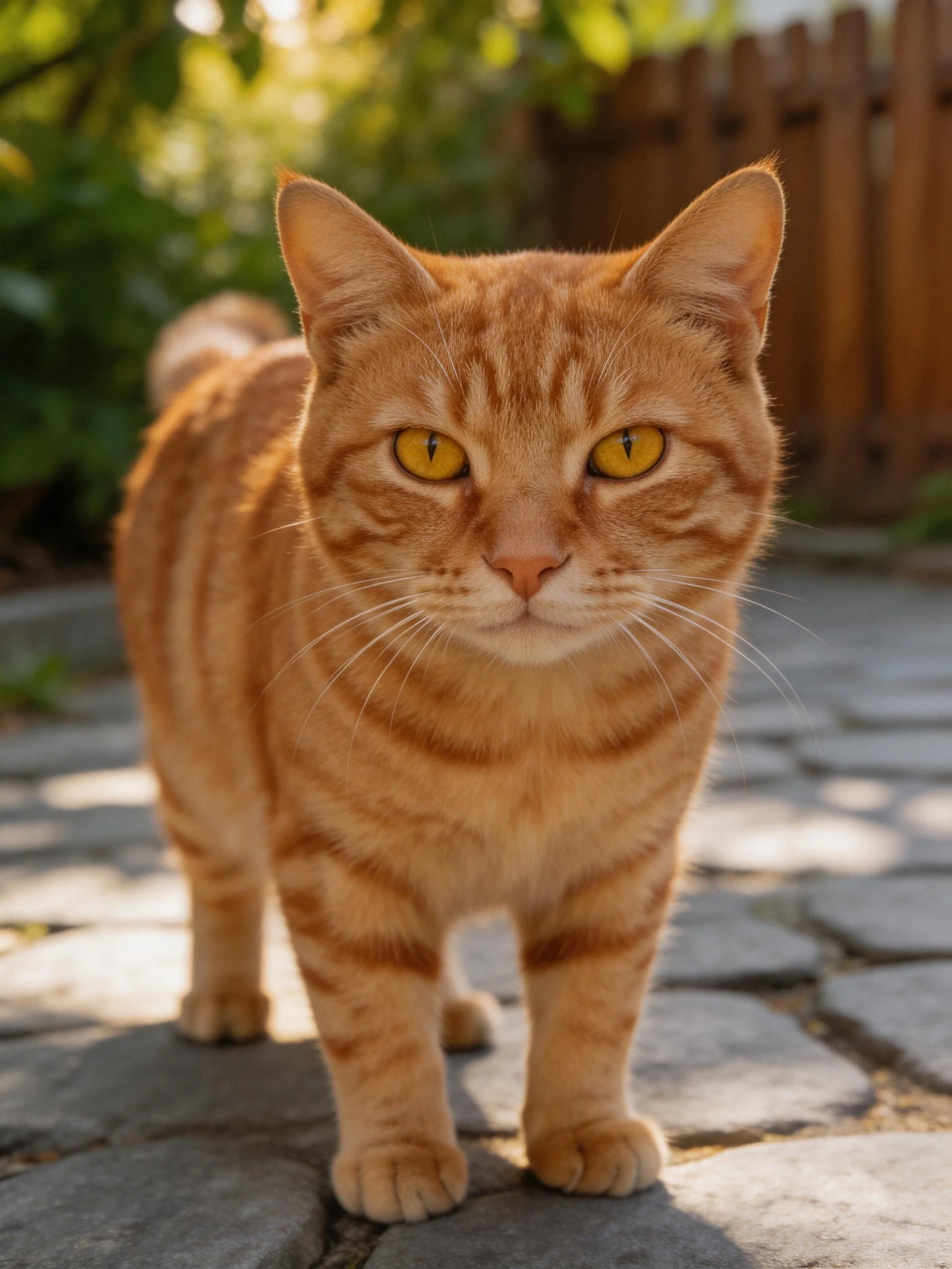 An orange tabby cat stands on stone pavement in a sunlit outdoor space.