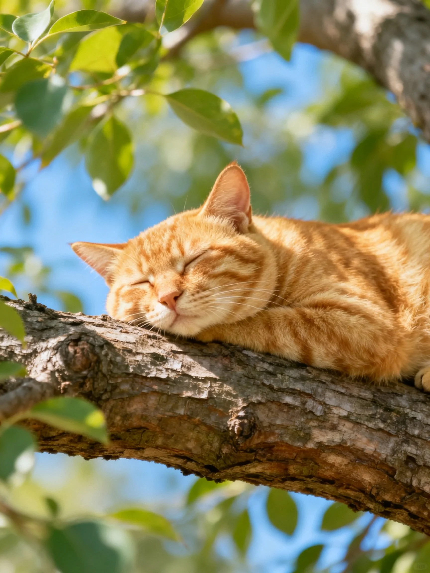 An orange tabby cat peacefully resting on a gnarled tree branch