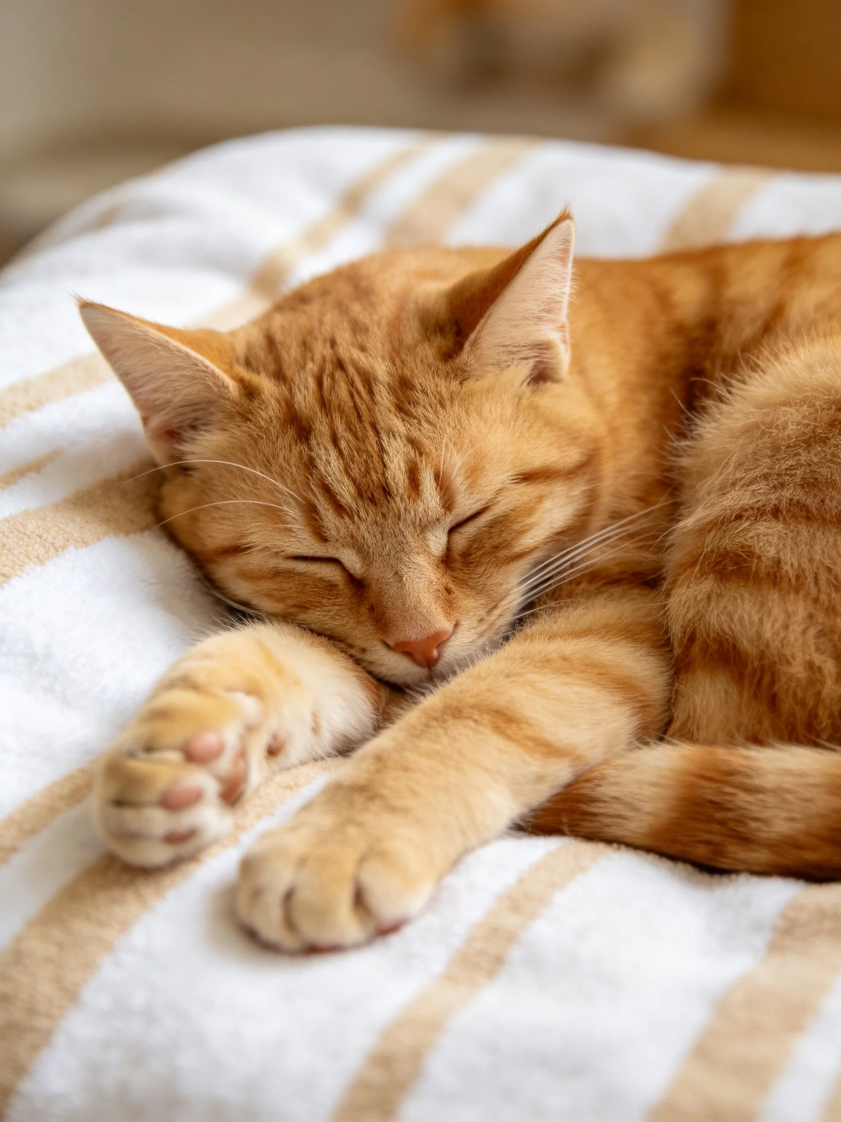 An orange tabby cat peacefully sleeps on a striped towel