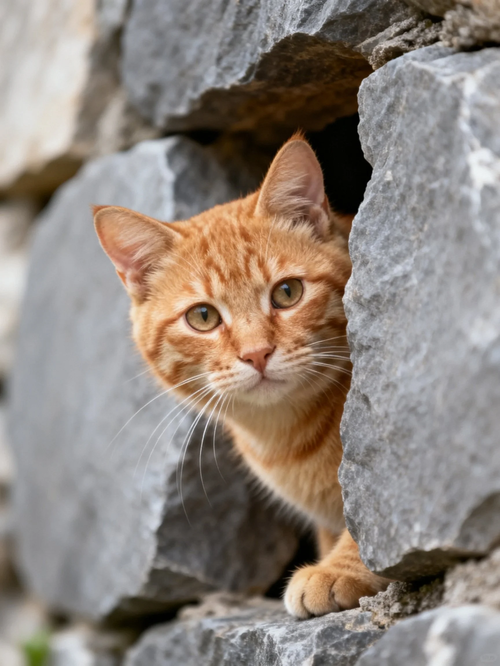 An orange tabby cat peeks from a gray stone wall opening