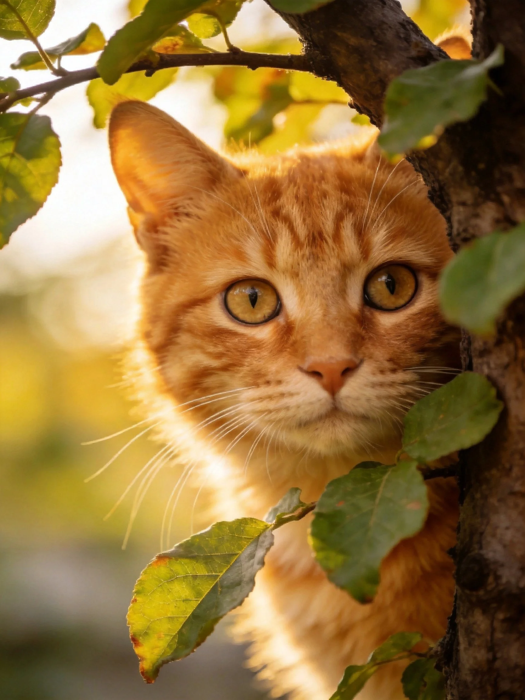 An orange tabby cat peeks from behind tree branches in a sunlit outdoor setting.