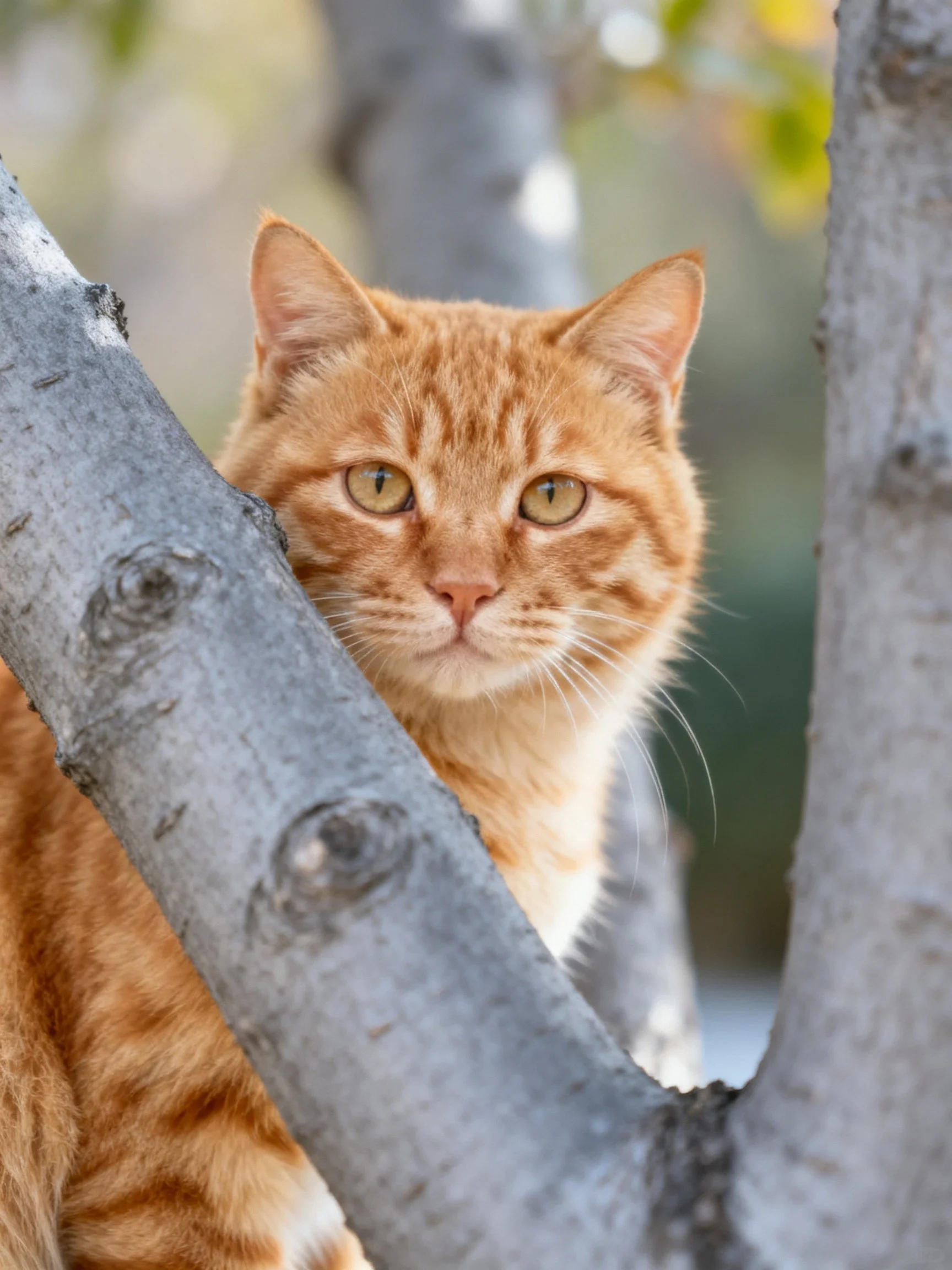 An orange tabby cat is partially hidden by gray tree branches.