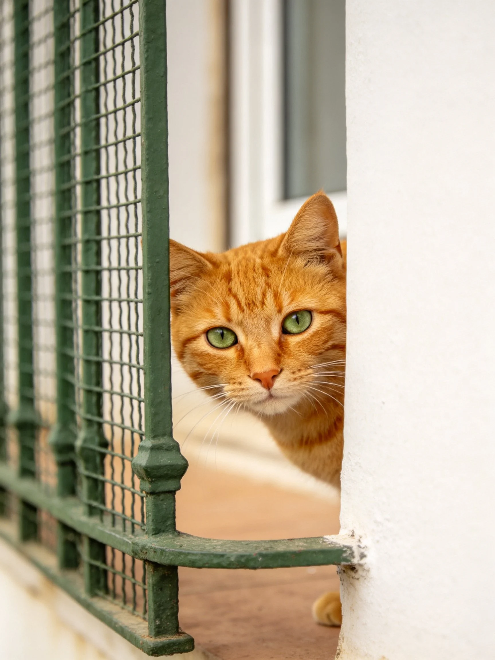 An orange tabby cat peeks through a green metal fence near a white wall