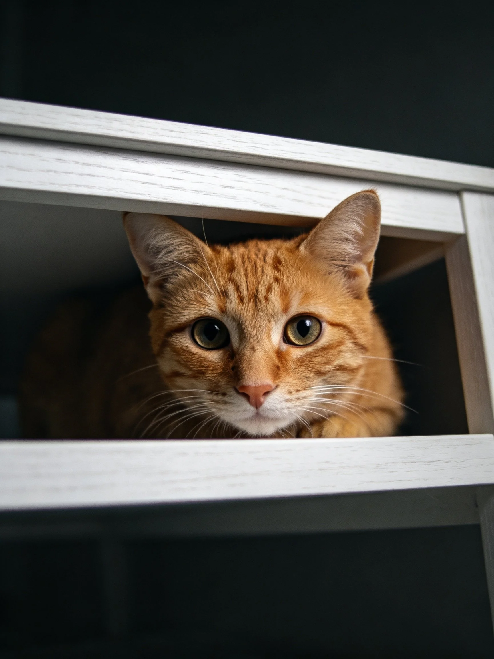An orange tabby cat peers from a white wooden compartment