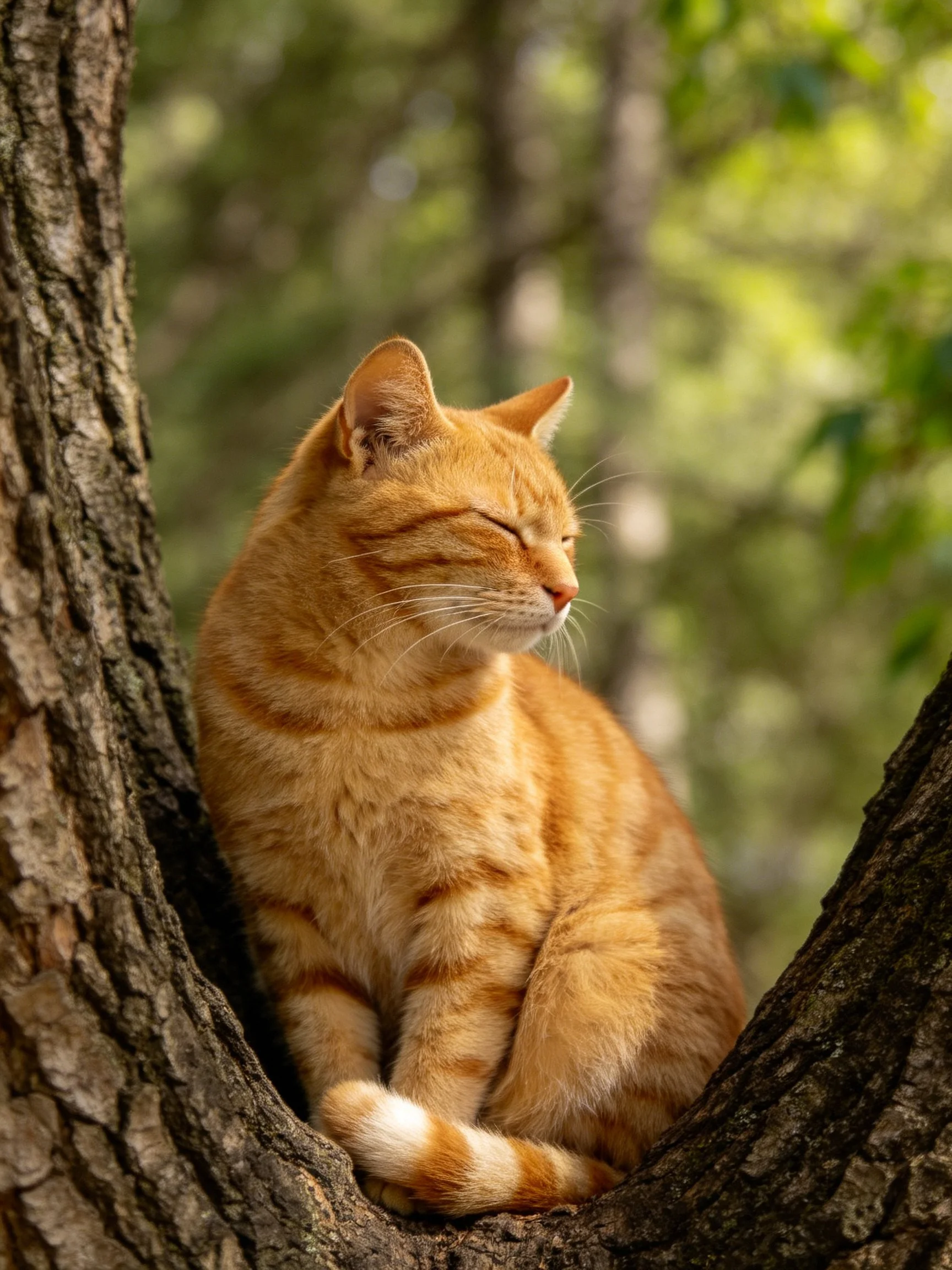 An orange tabby cat relaxes in a trees forked branch.