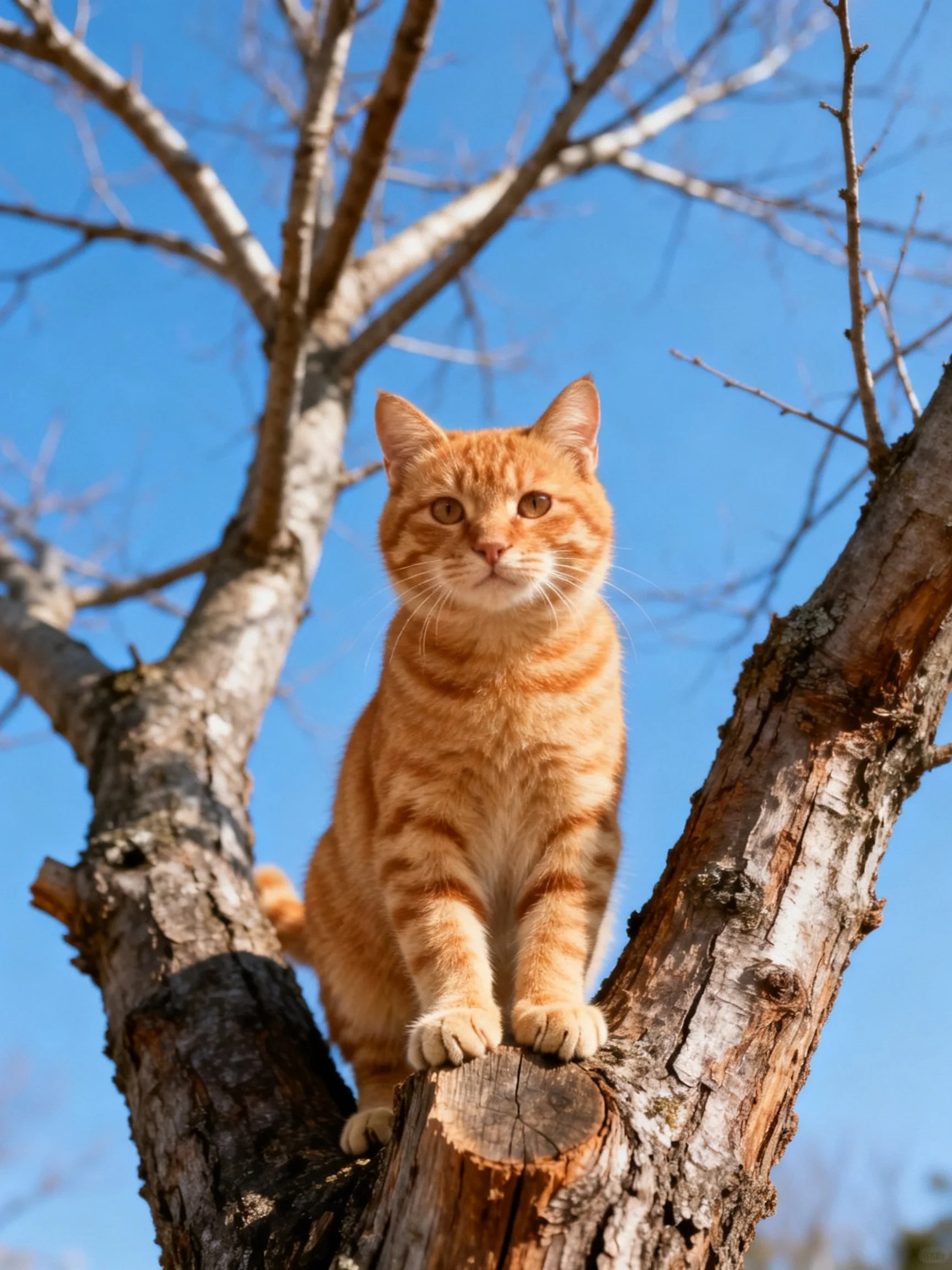 An orange tabby cat sits on a tree branch with a clear blue sky in the background.