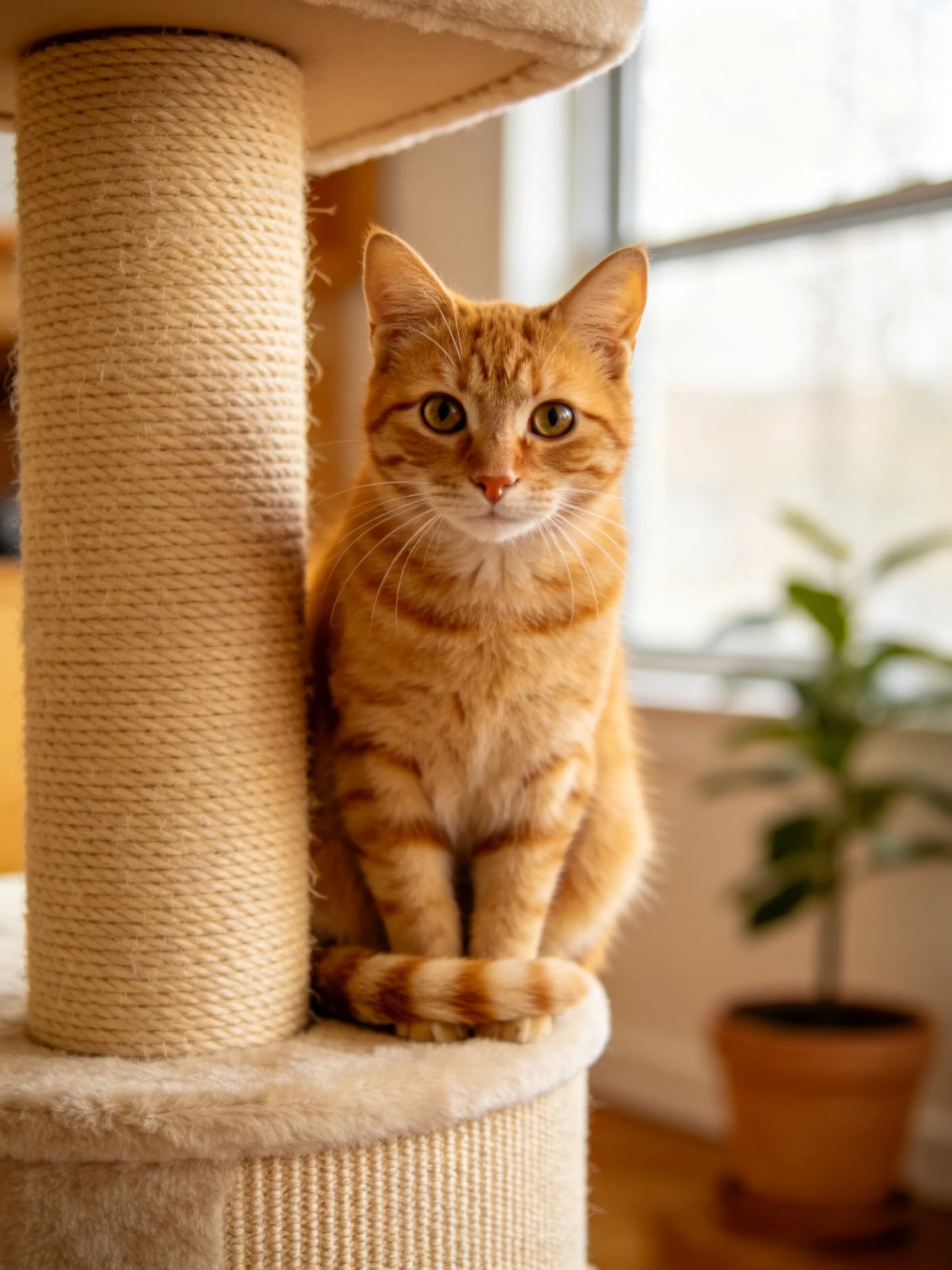 An orange tabby cat sits calmly on a cat tree in a sunlit indoor setting.