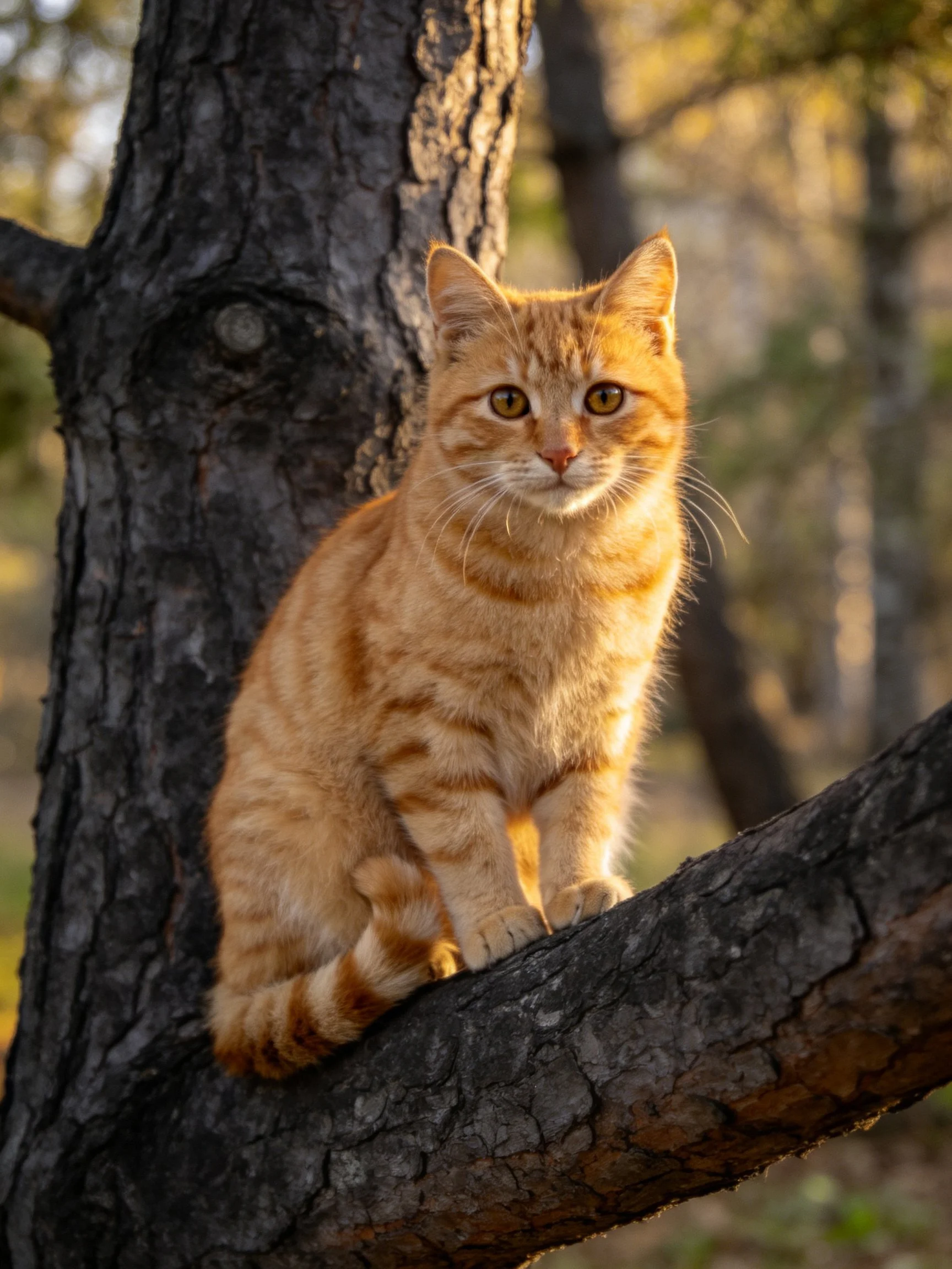 An orange tabby cat perched on a gnarled tree branch