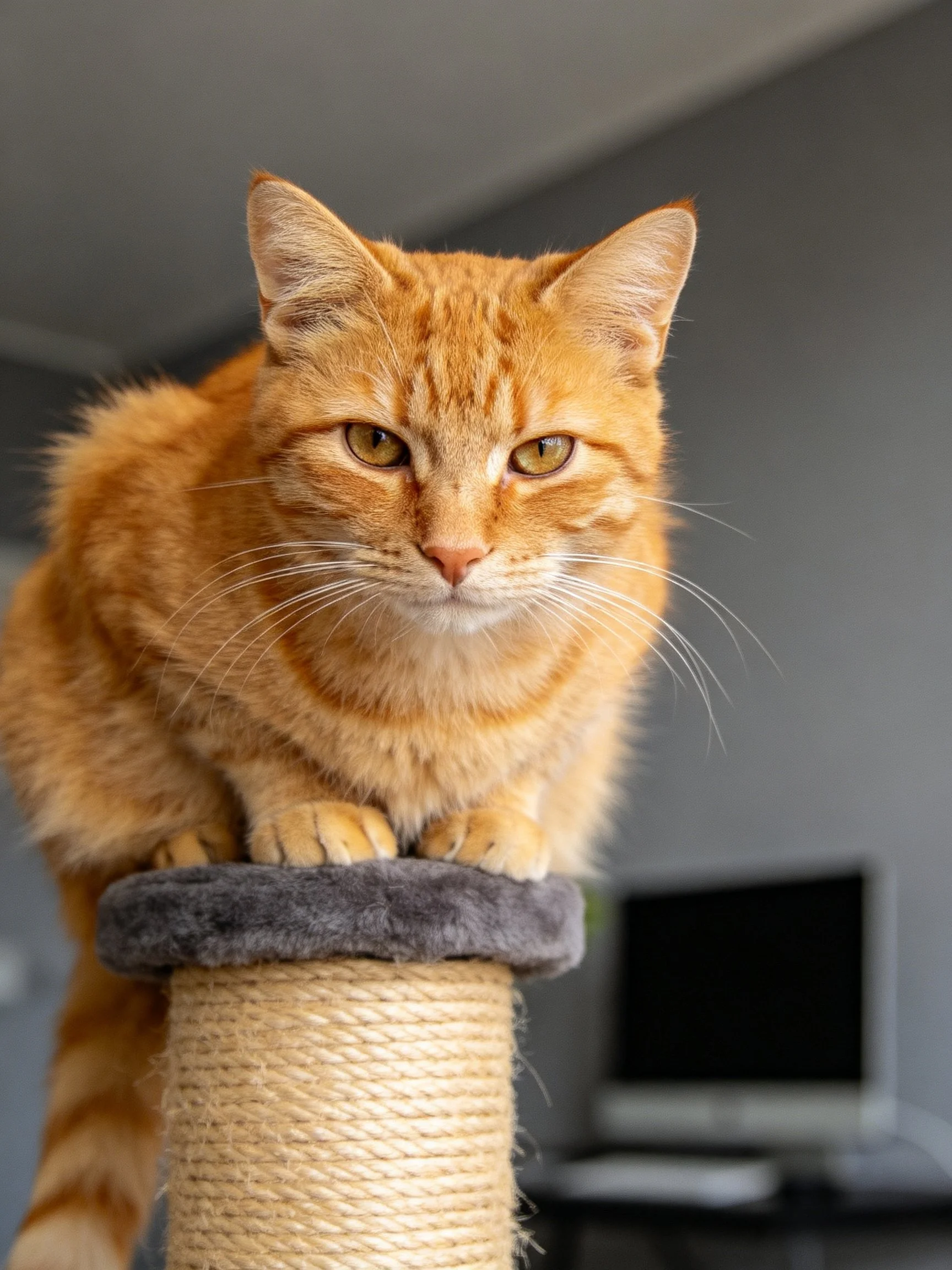 An orange tabby cat perched on a scratching post near a monitor