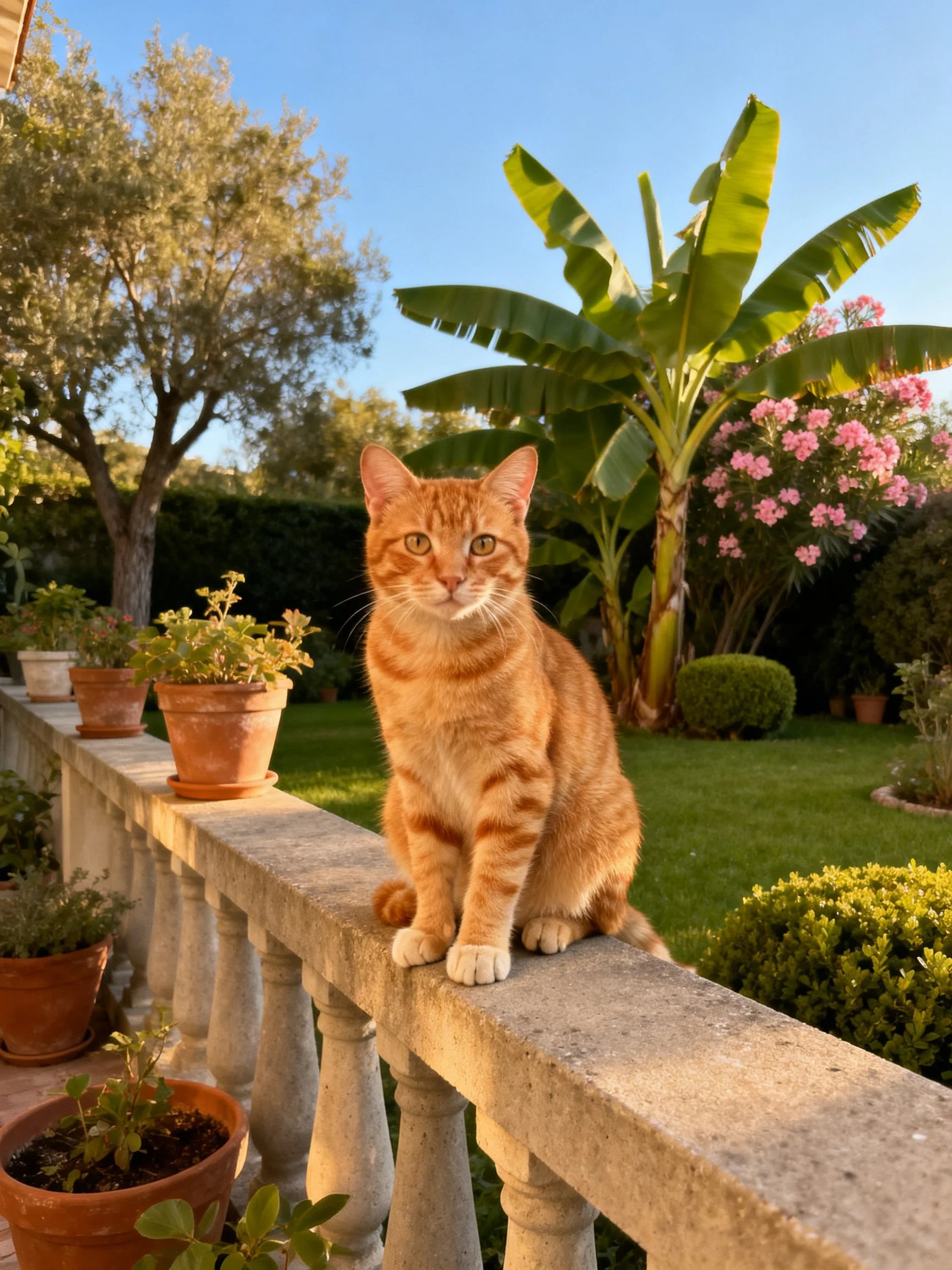 An orange tabby cat sits on a stone railing in a sunlit garden with surrounding plants.