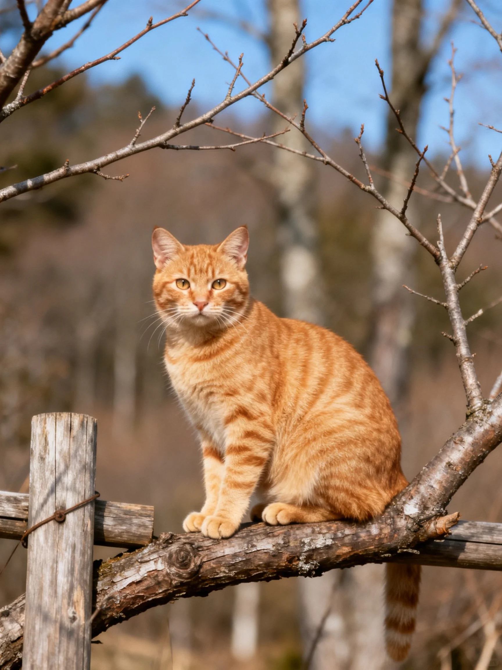 An orange tabby cat sits calmly on a tree branch beside a weathered wooden fence.