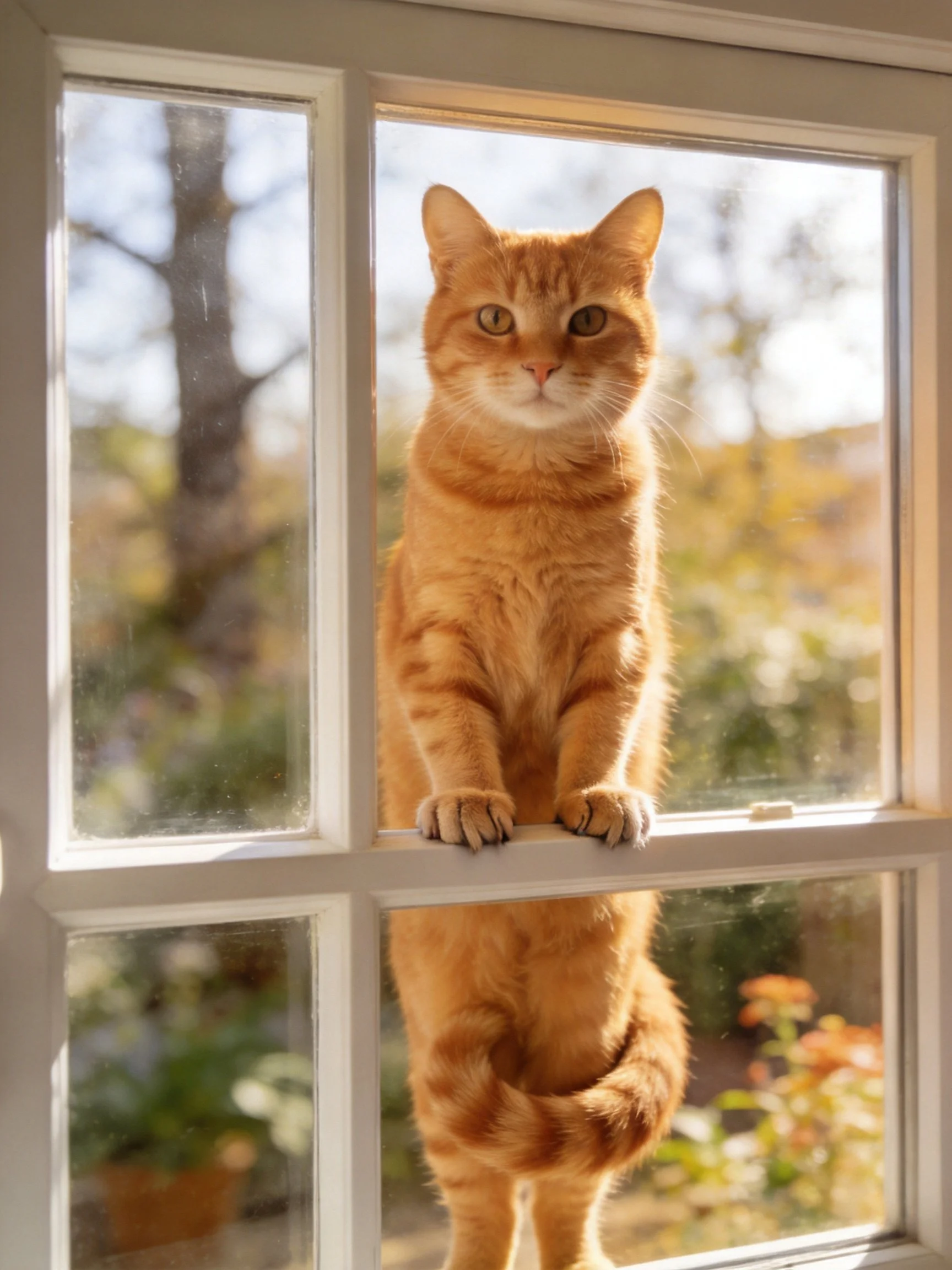 An orange tabby cat stands on a white-framed window, observing the outdoors.
