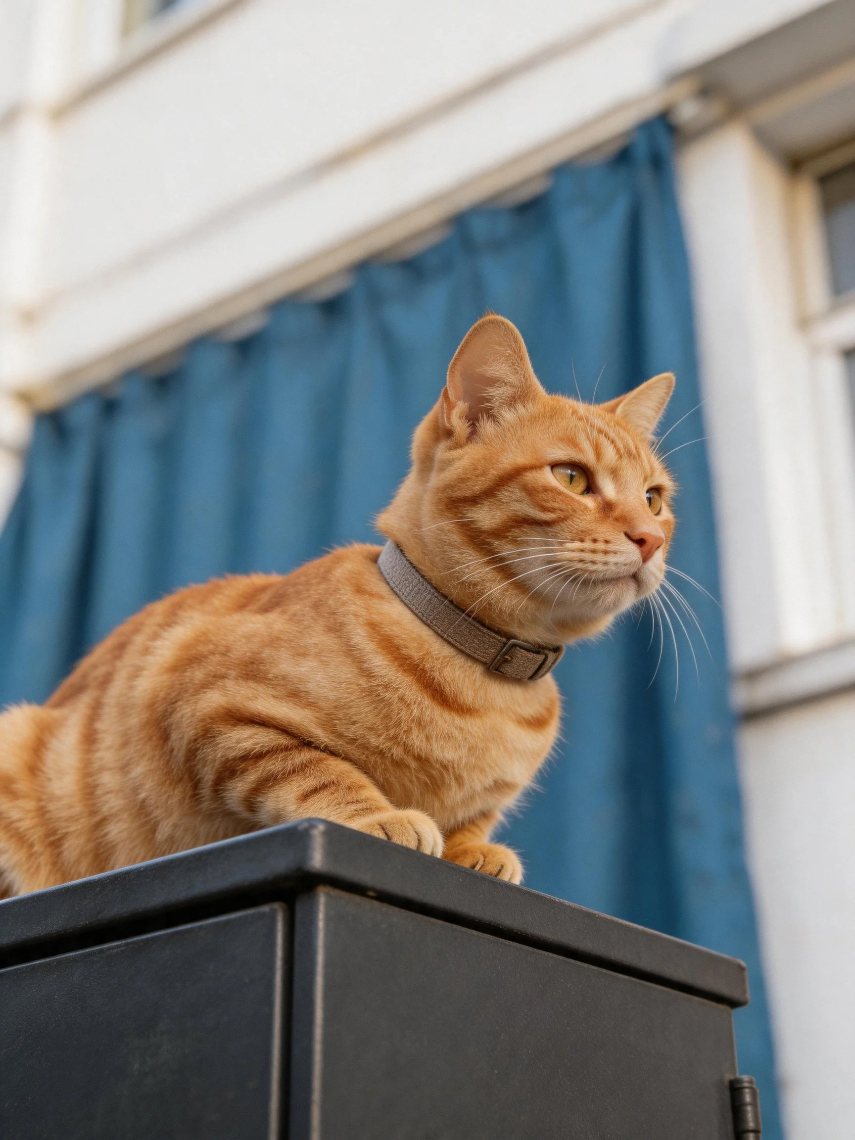 A ginger tabby cat sits on a black container beside a blue curtain