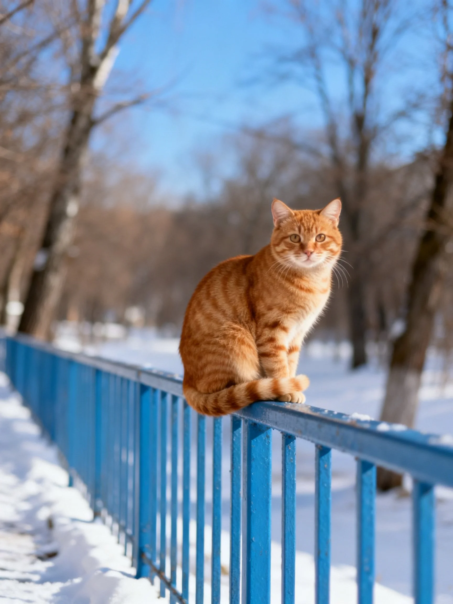 An orange tabby cat sits on a blue fence in a snowy winter scene.